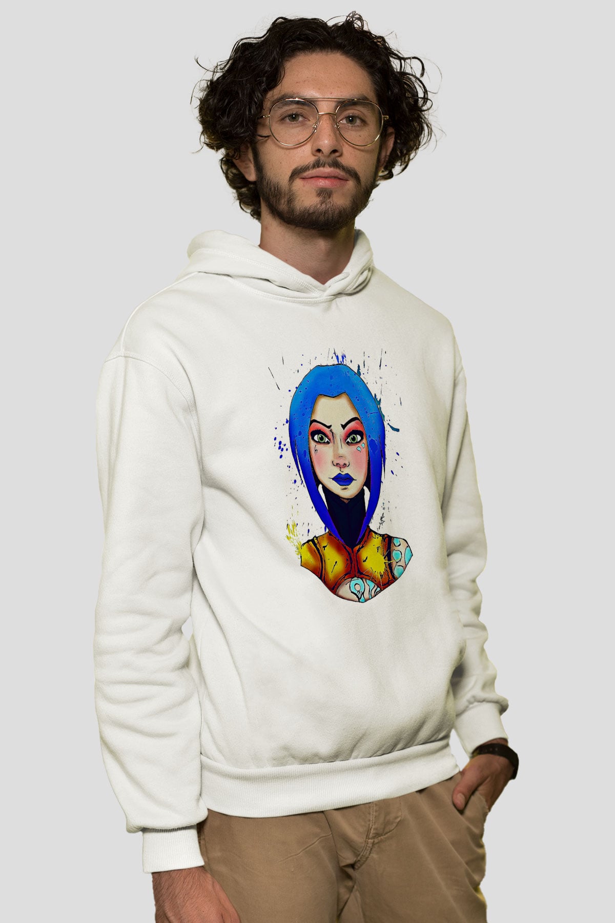 Borderlands Baskılı Beyaz Unisex Kapüşonlu Sweatshirt