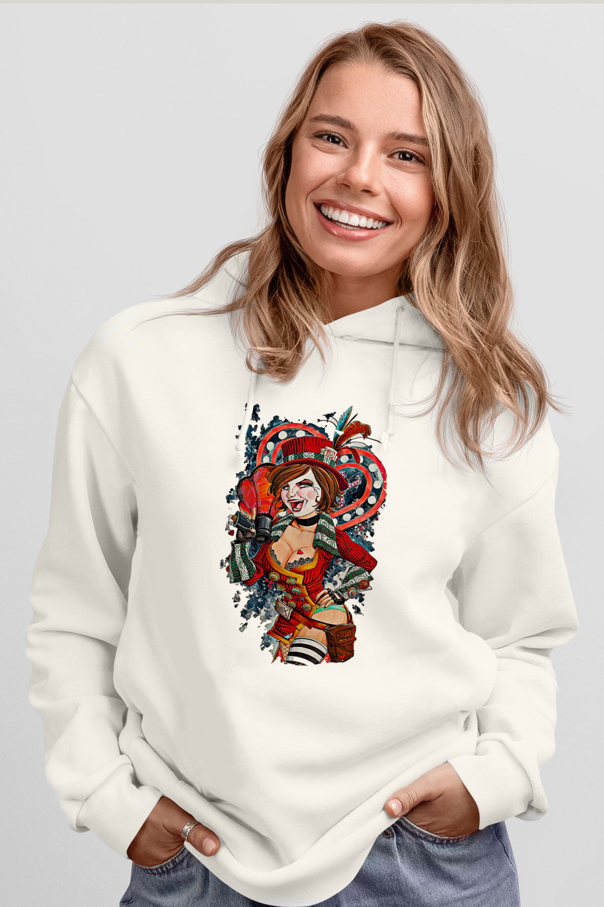 Borderlands Baskılı Beyaz Unisex Kapüşonlu Sweatshirt