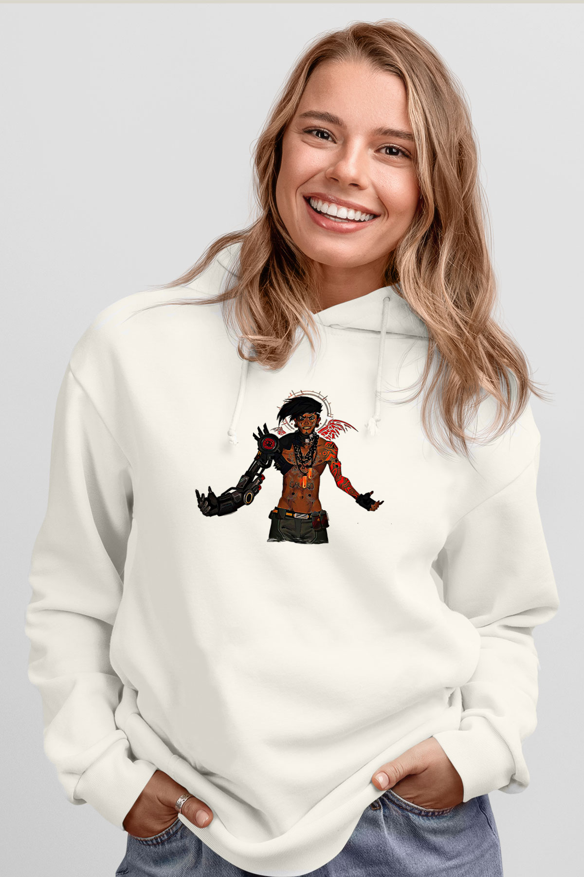 Borderlands Baskılı Beyaz Unisex Kapüşonlu Sweatshirt