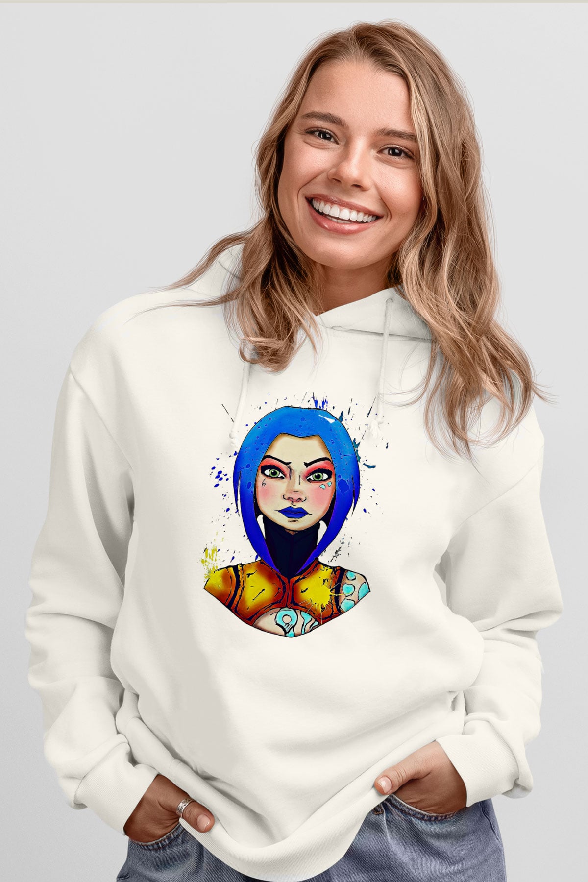 Borderlands Baskılı Beyaz Unisex Kapüşonlu Sweatshirt