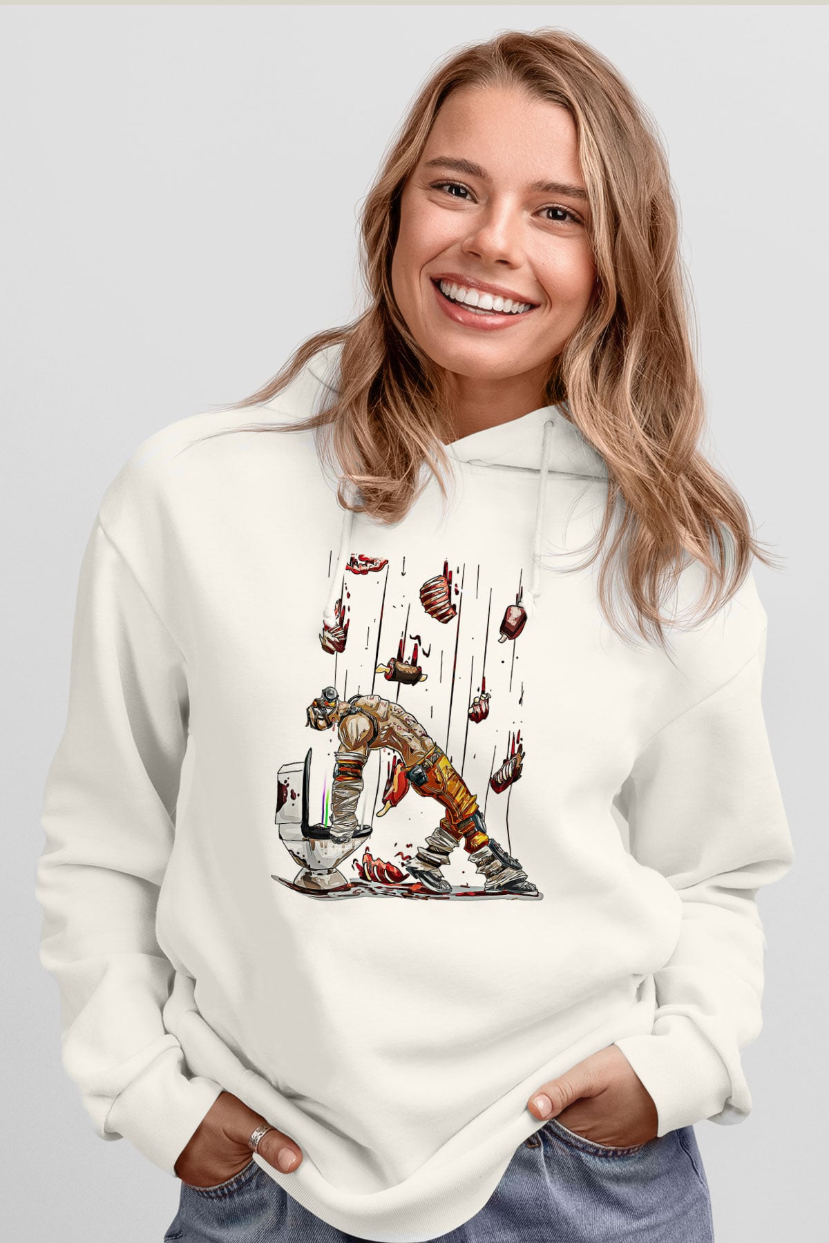 Borderlands Baskılı Beyaz Unisex Kapüşonlu Sweatshirt