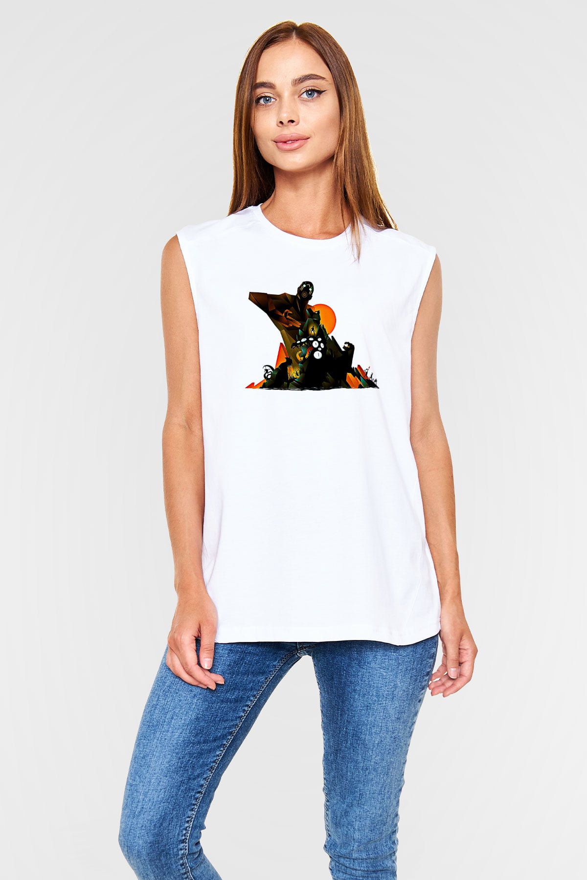 Borderlands Baskılı Beyaz Unisex Kolsuz Tişört - Tshirt