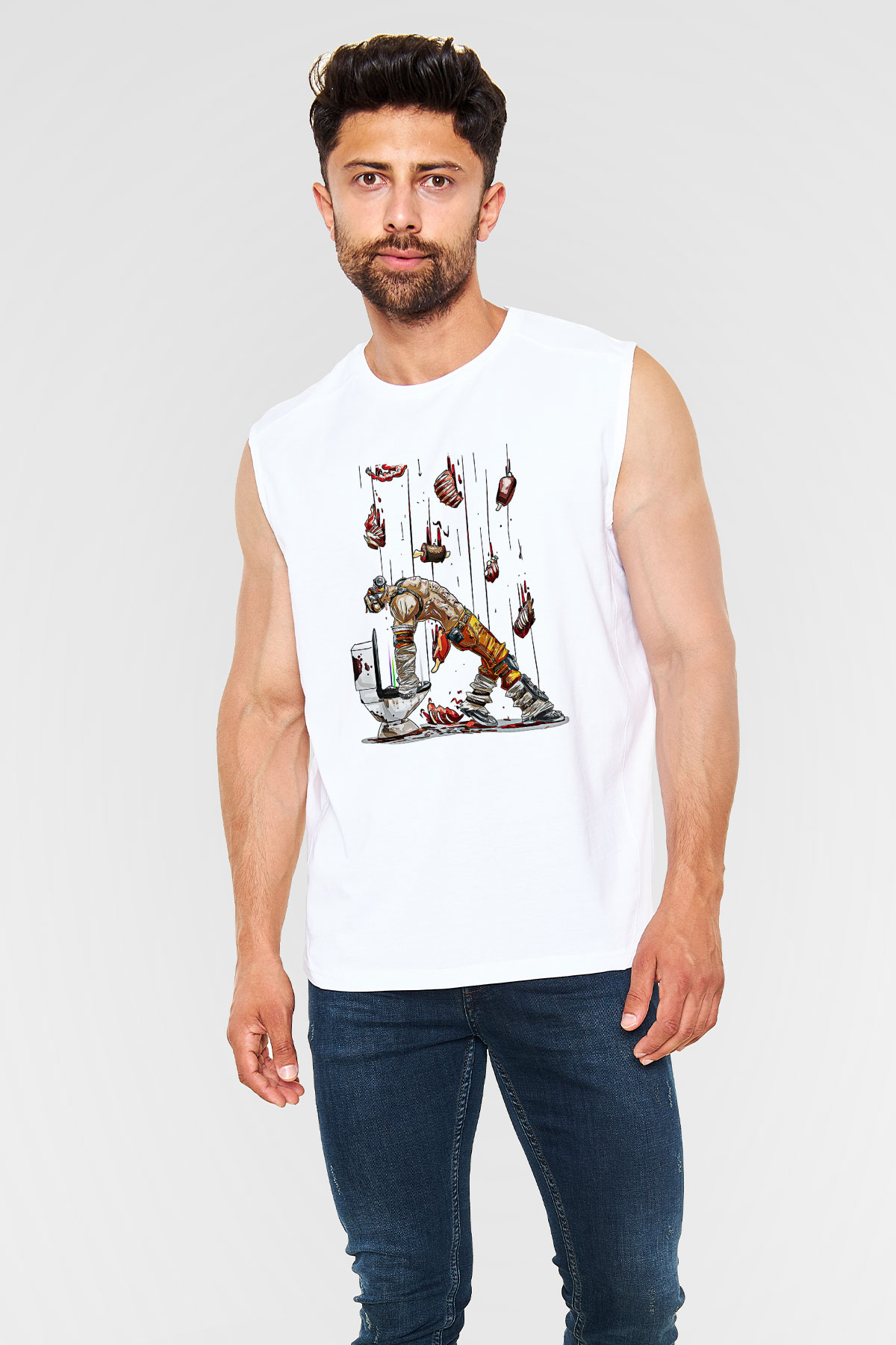 Borderlands Baskılı Beyaz Unisex Kolsuz Tişört - Tshirt