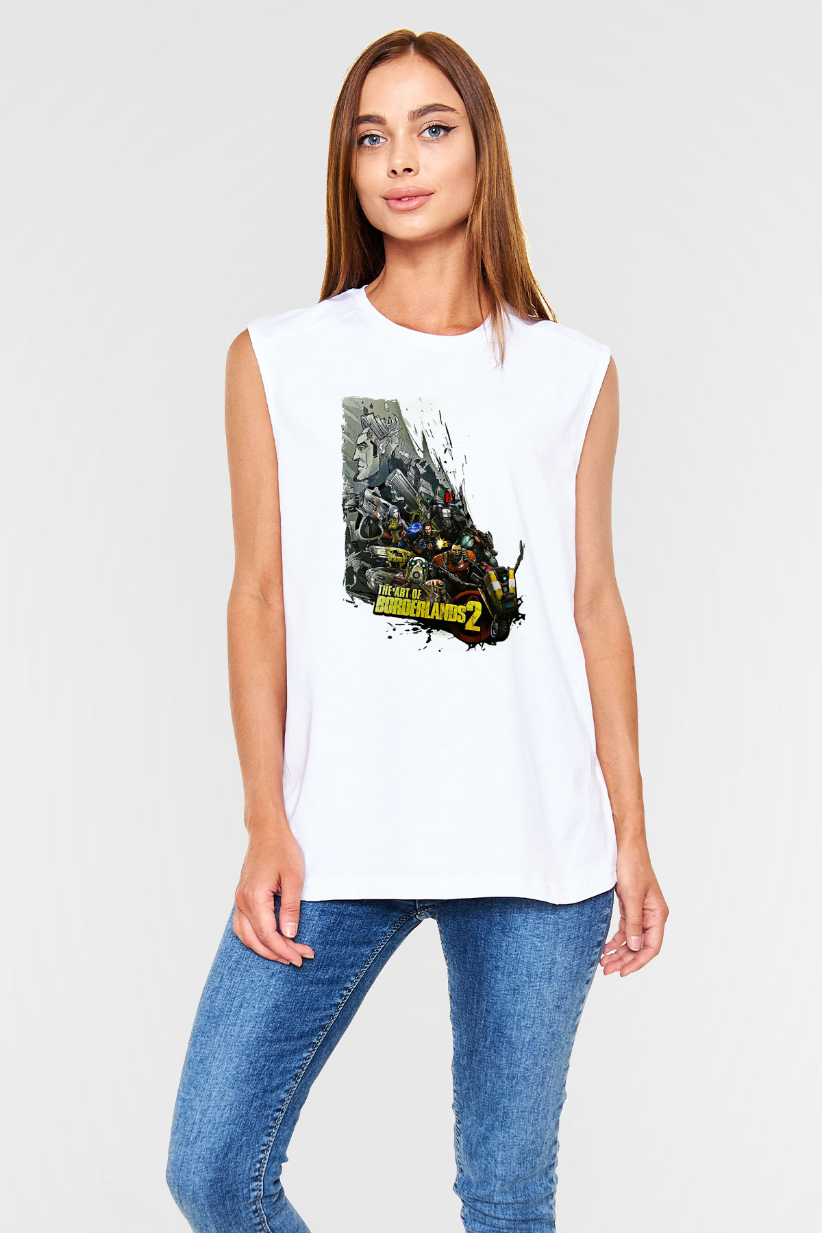 Borderlands Baskılı Beyaz Unisex Kolsuz Tişört - Tshirt