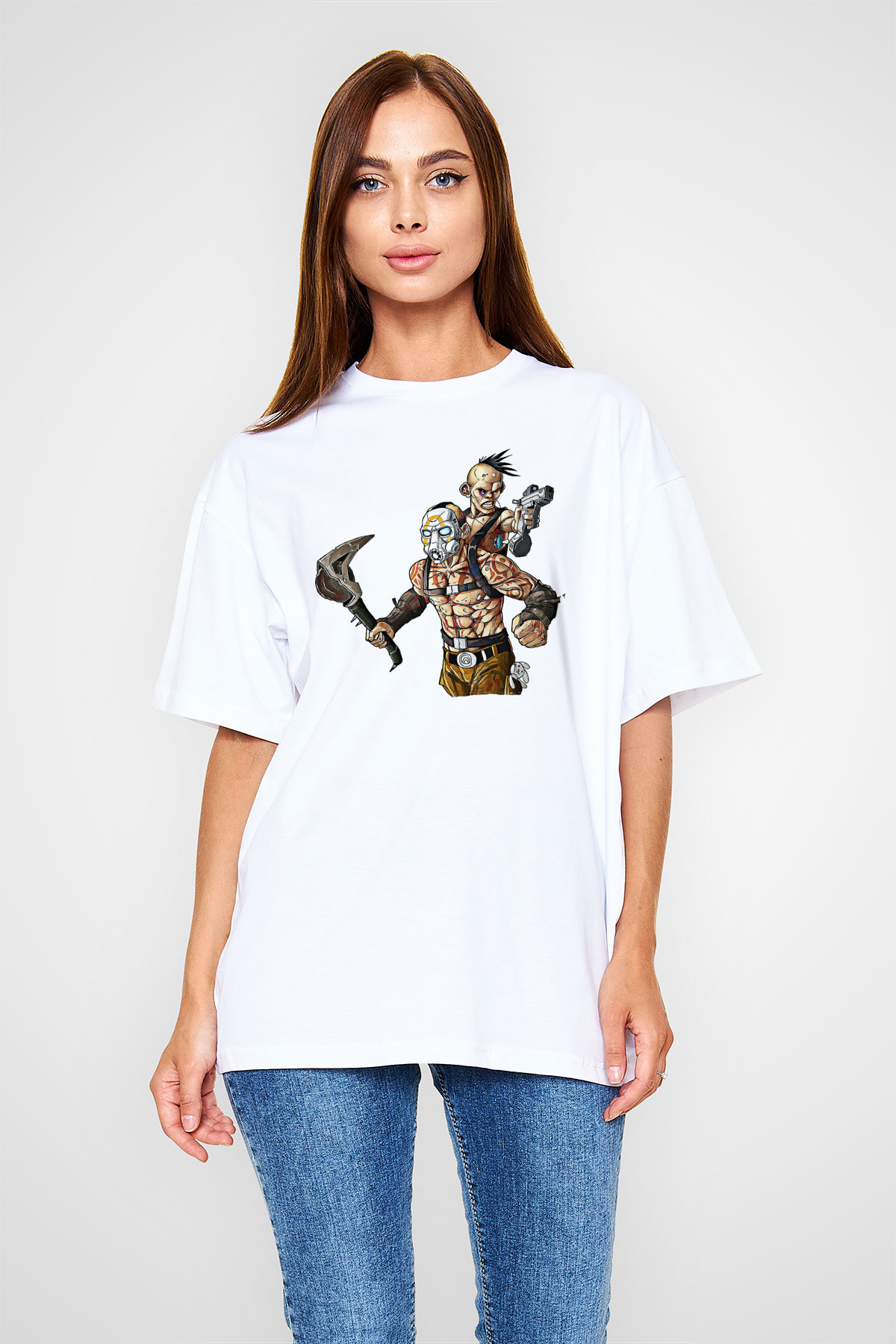 Borderlands Baskılı Beyaz Unisex Oversize Tişört - Tshirt