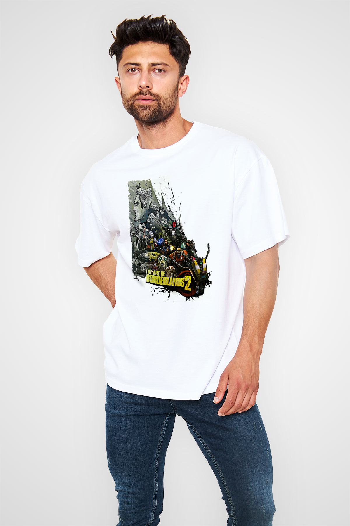 Borderlands Baskılı Beyaz Unisex Oversize Tişört - Tshirt