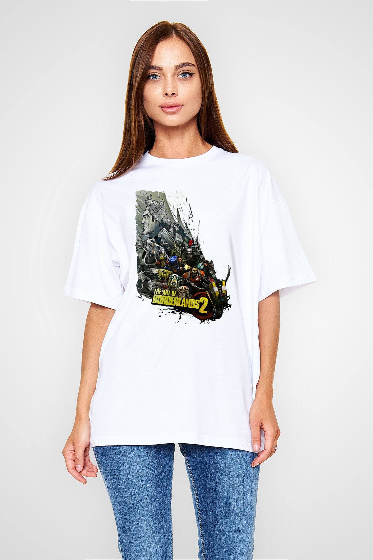 Borderlands Baskılı Beyaz Unisex Oversize Tişört - Tshirt