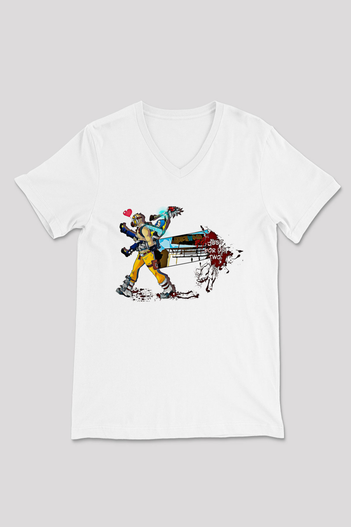 Borderlands Baskılı Beyaz Unisex V Yaka Tişört - Tshirt