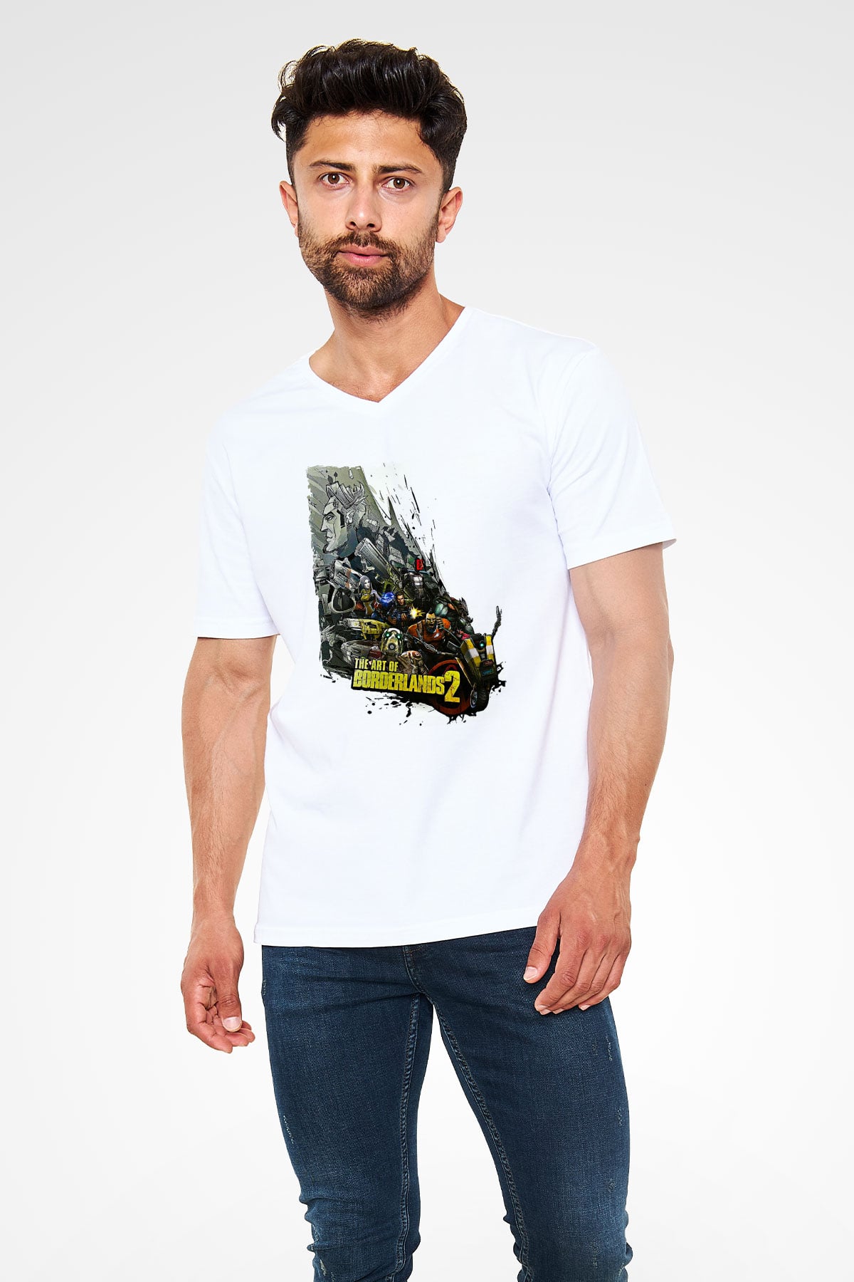 Borderlands Baskılı Beyaz Unisex V Yaka Tişört - Tshirt