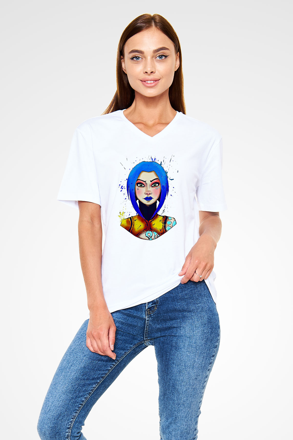 Borderlands Baskılı Beyaz Unisex V Yaka Tişört - Tshirt