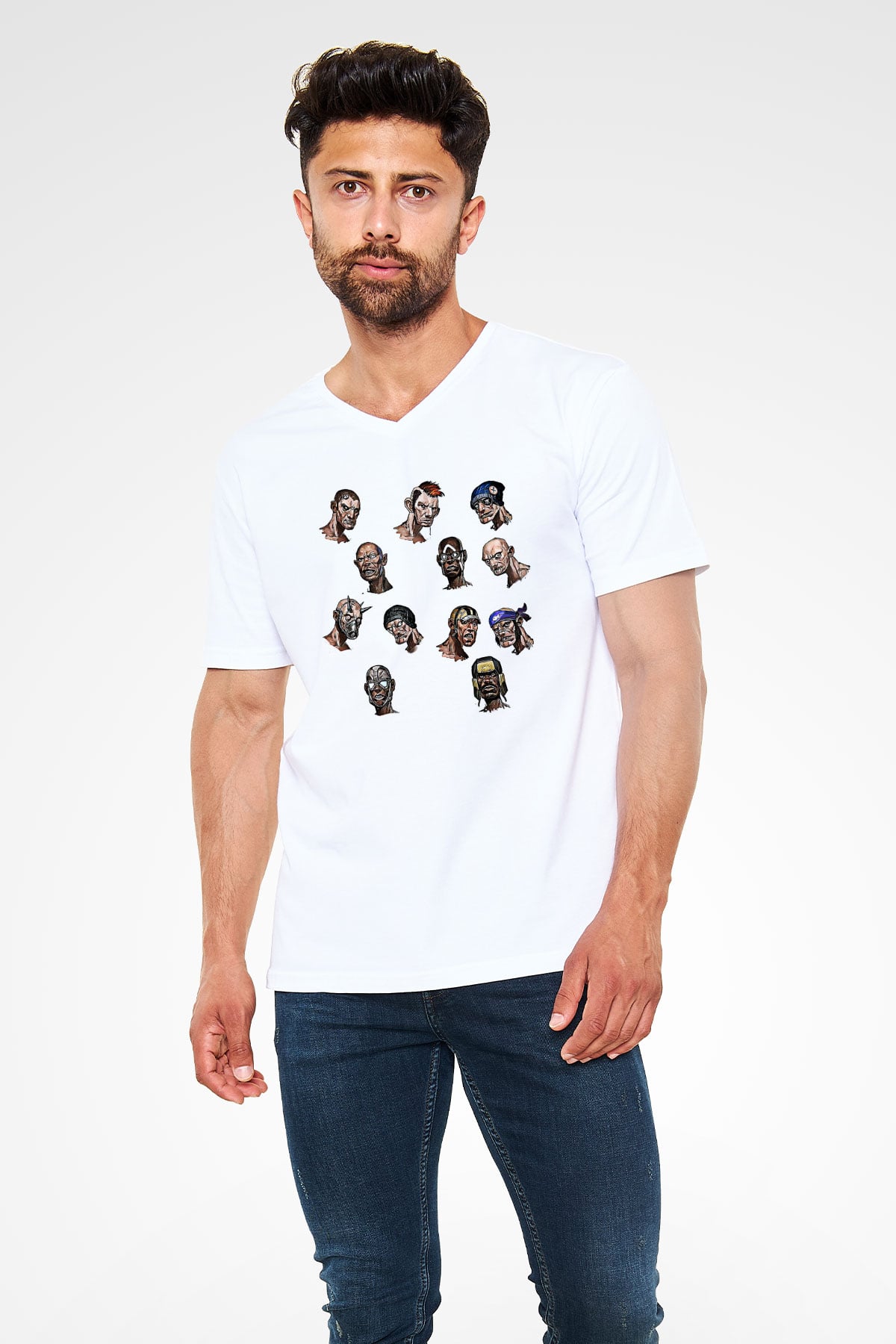 Borderlands Baskılı Beyaz Unisex V Yaka Tişört - Tshirt