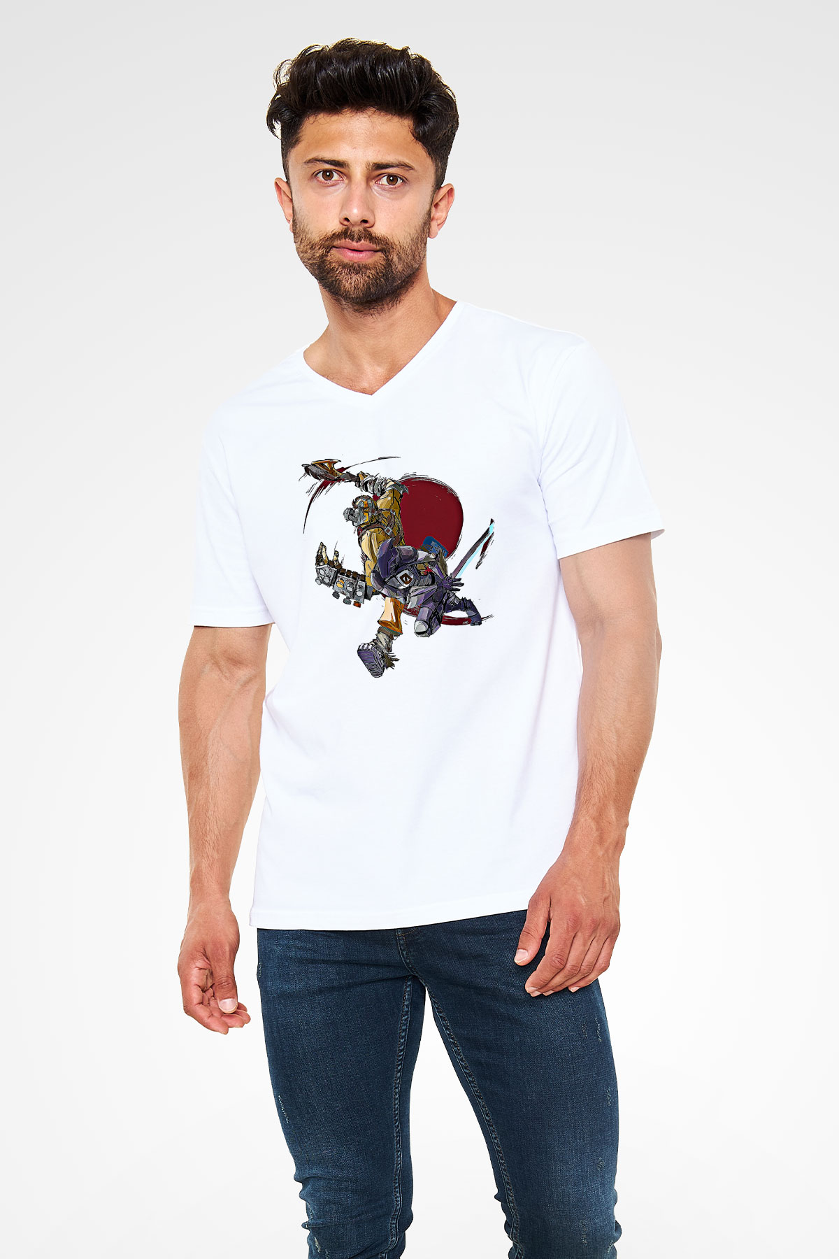 Borderlands Baskılı Beyaz Unisex V Yaka Tişört - Tshirt