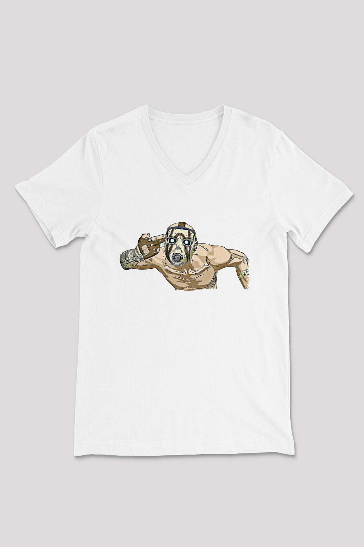 Borderlands Baskılı Beyaz Unisex V Yaka Tişört - Tshirt