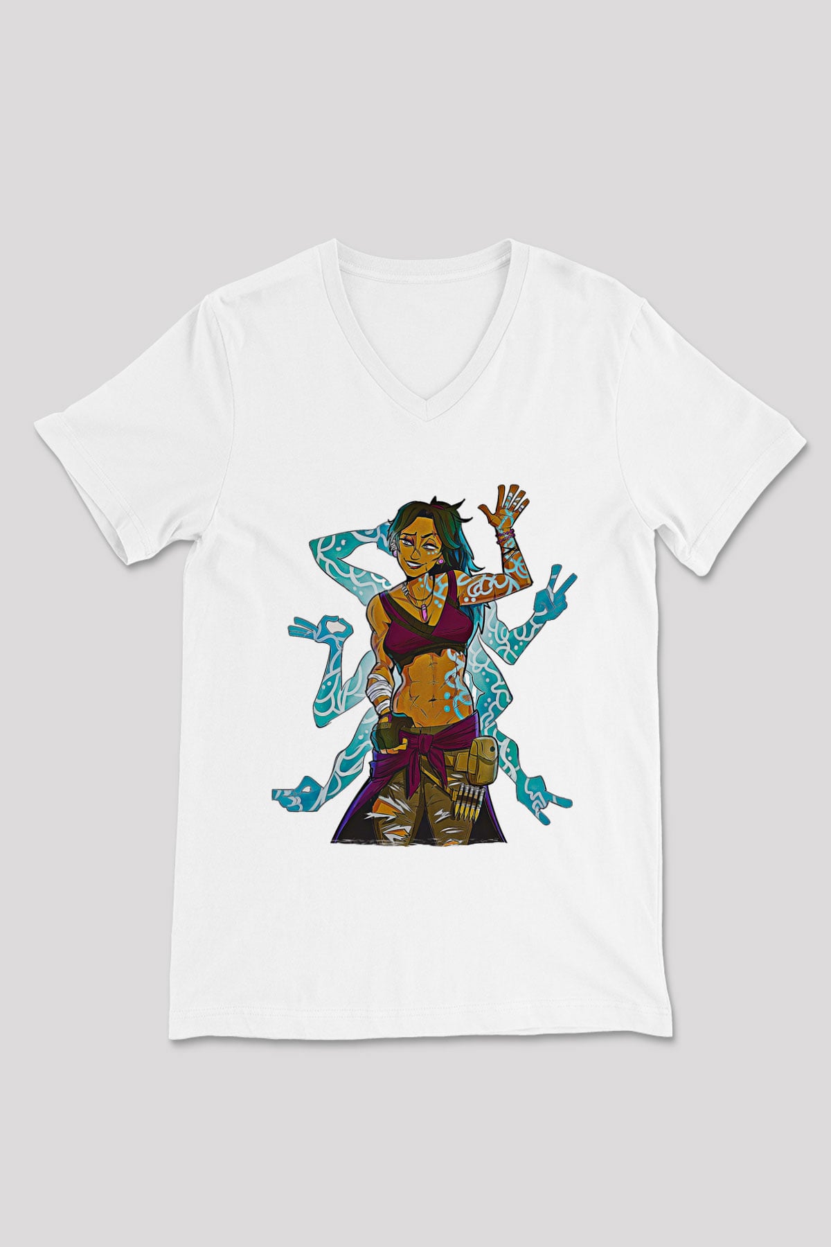 Borderlands Baskılı Beyaz Unisex V Yaka Tişört - Tshirt