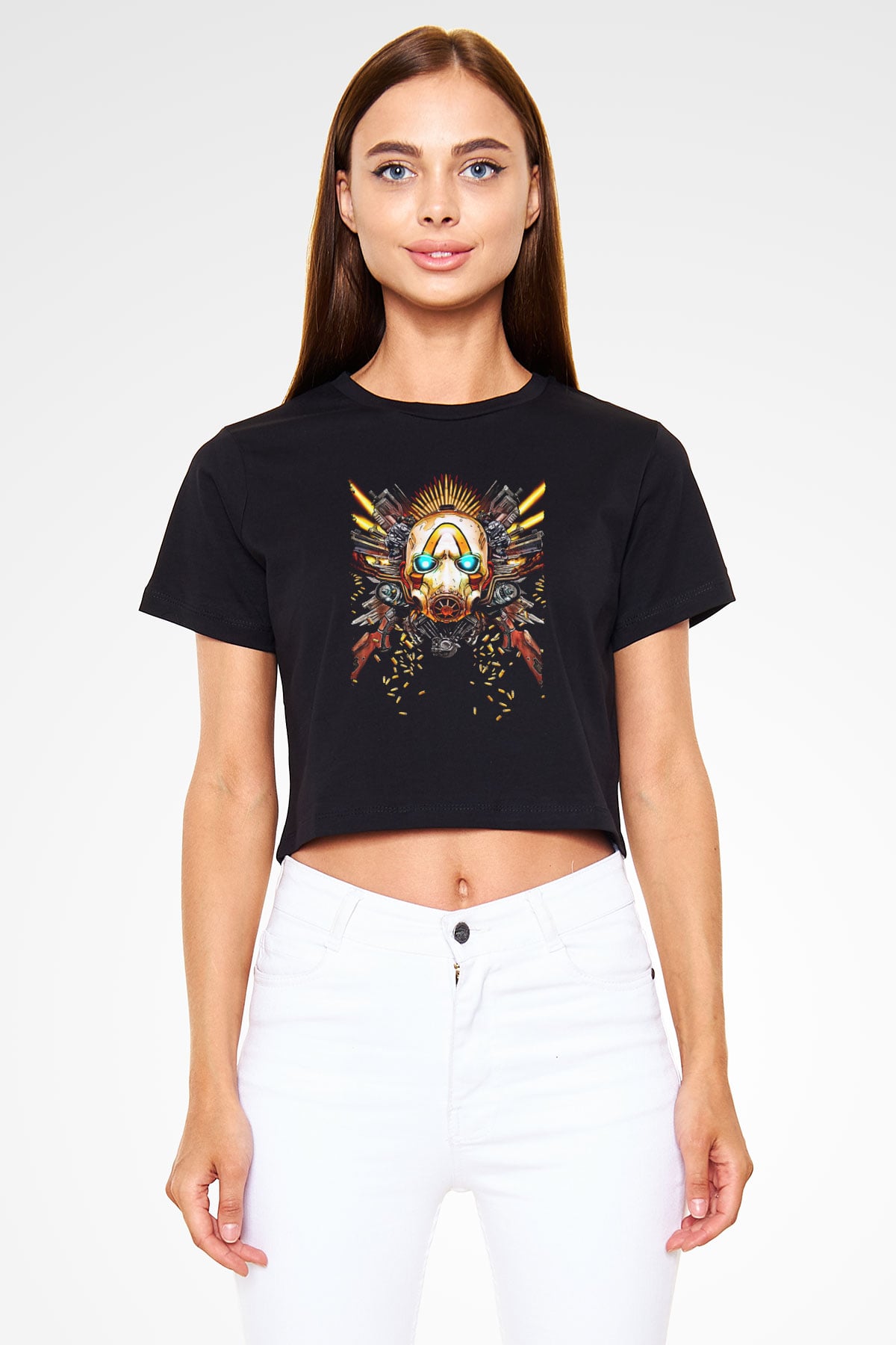 Borderlands Baskılı Siyah Crop Top Kadın Tişört - Tshirt