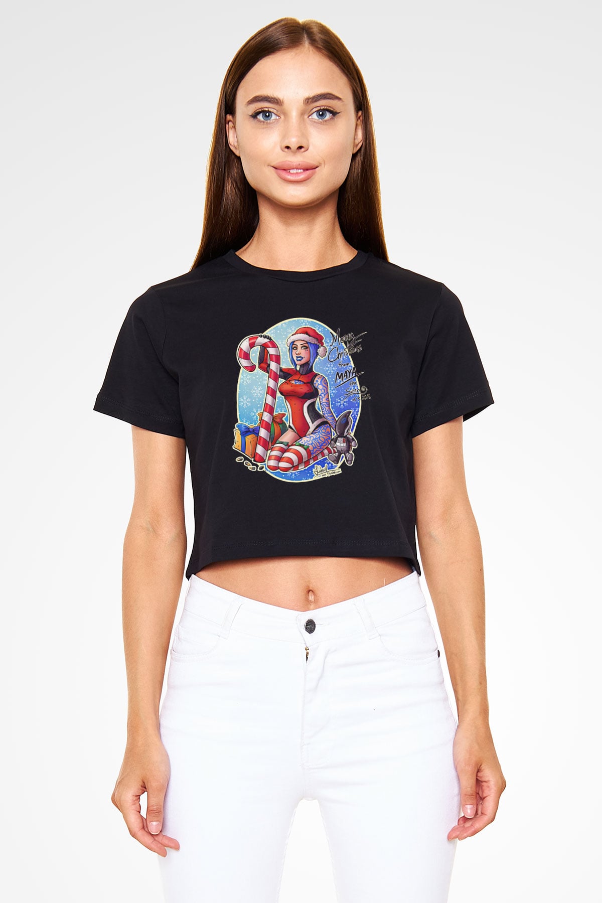 Borderlands Baskılı Siyah Crop Top Kadın Tişört - Tshirt