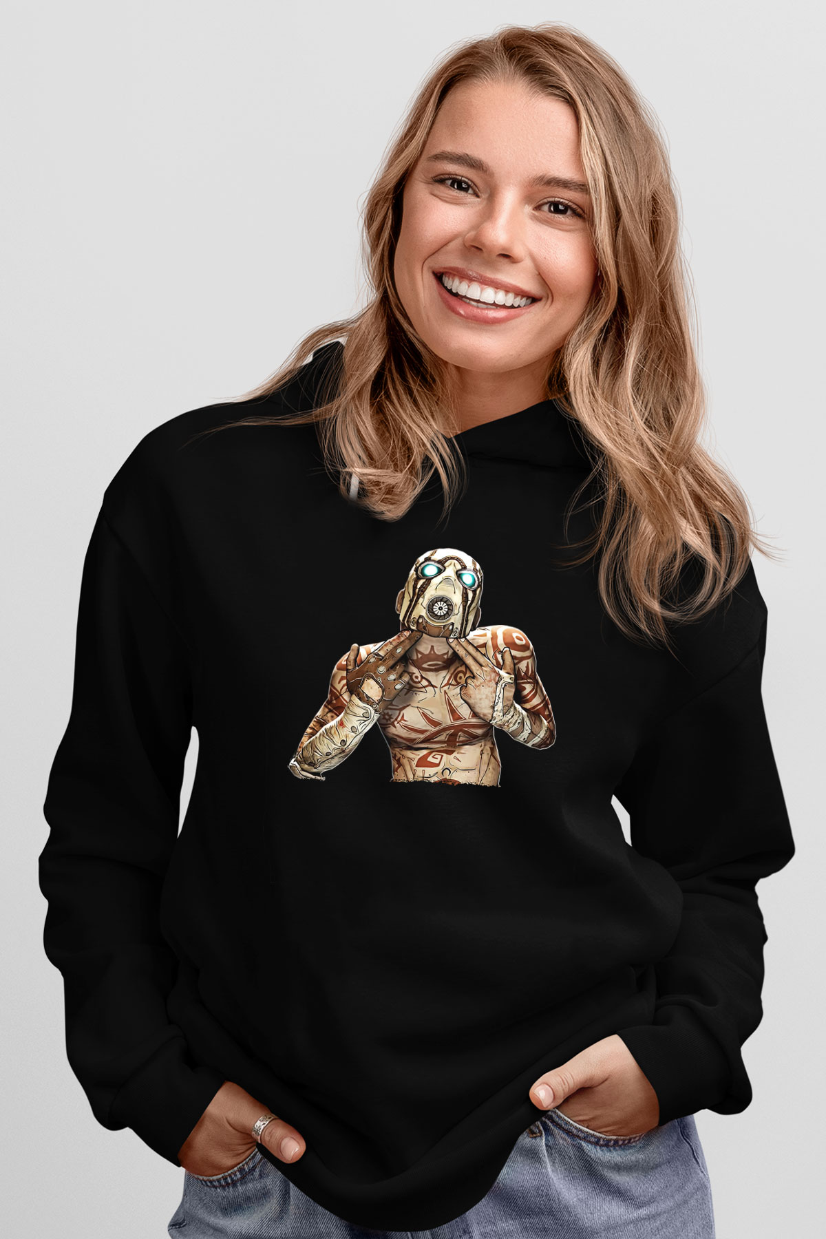 Borderlands Baskılı Unisex Siyah Kapüşonlu Sweatshirt