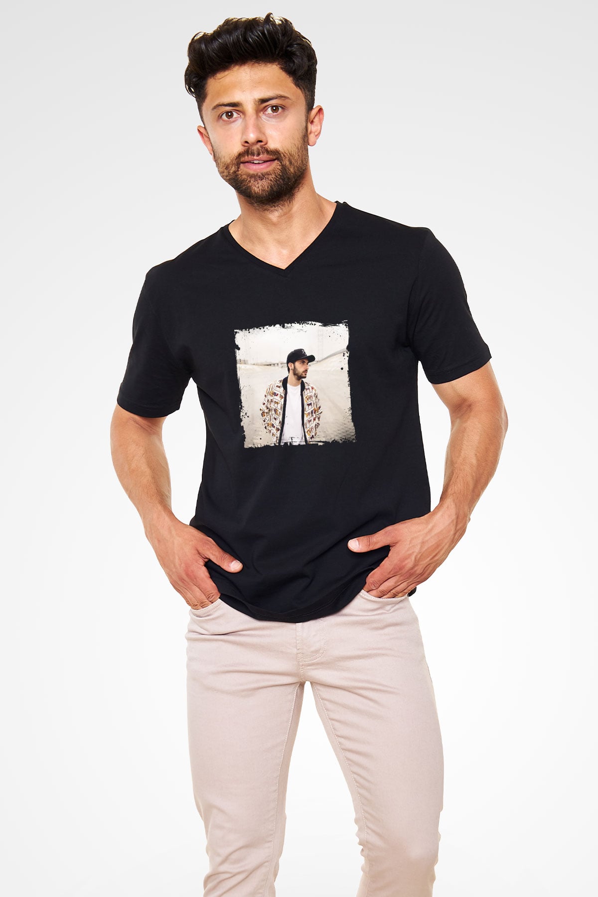 Borgore Baskılı Unisex Siyah V Yaka Tişört