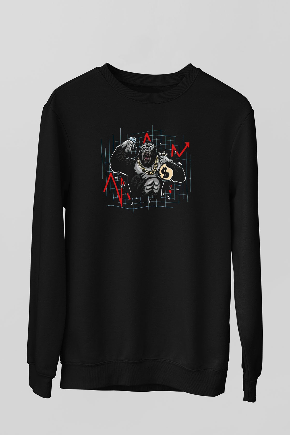 Borsacı Goril Baskılı Unisex Siyah  Sweatshirt