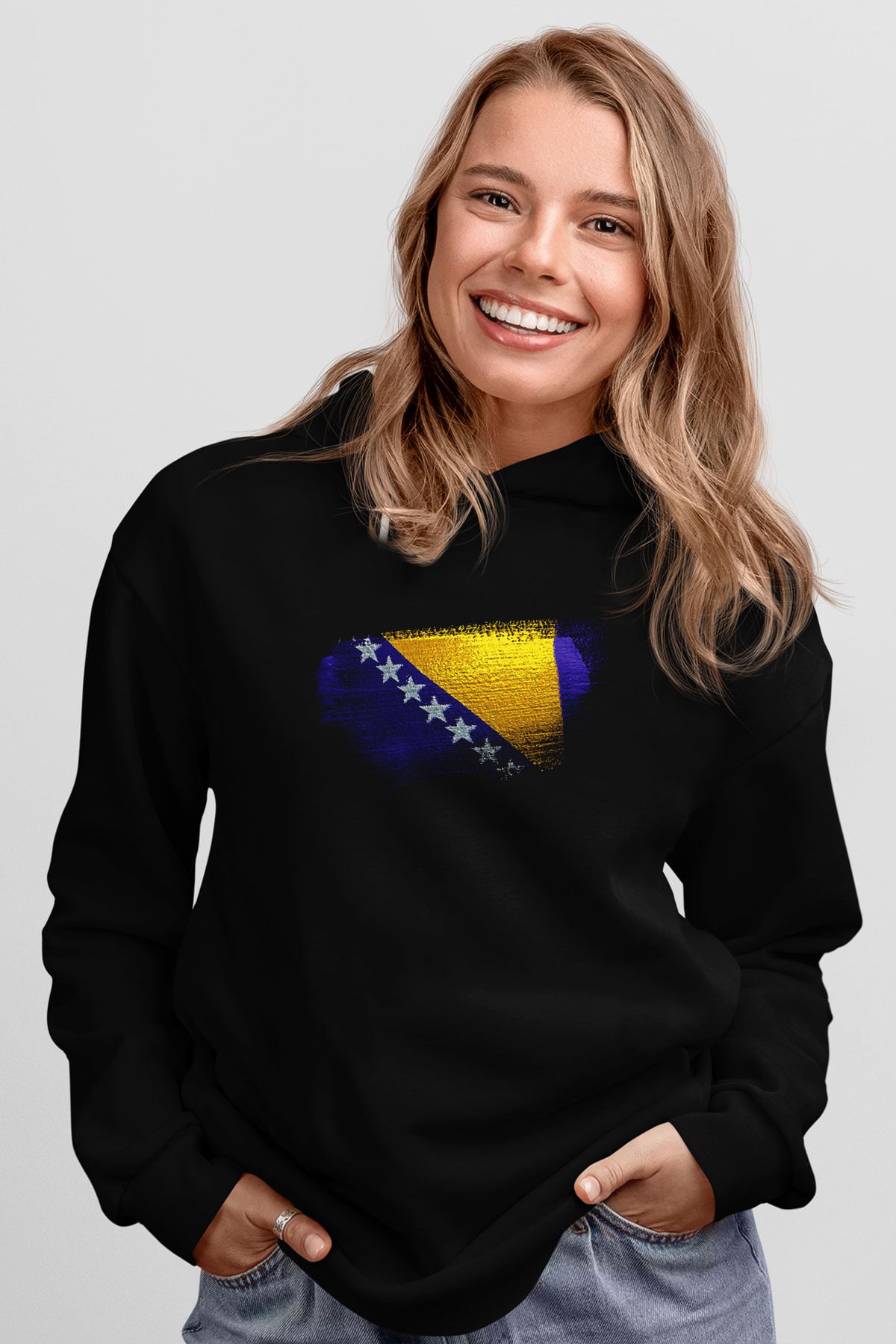 Bosna Hersek - Bosnia Herzegovina Bayrağı Baskılı Unisex Siyah Hoodie