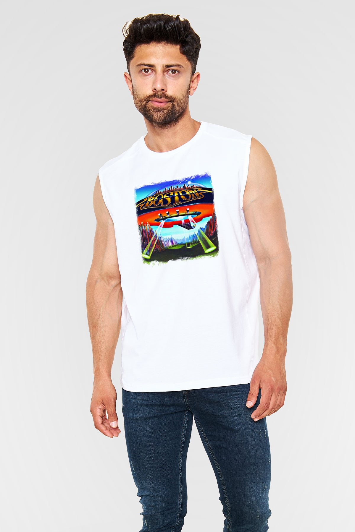 Boston Baskılı Unisex Beyaz Kolsuz Tişört