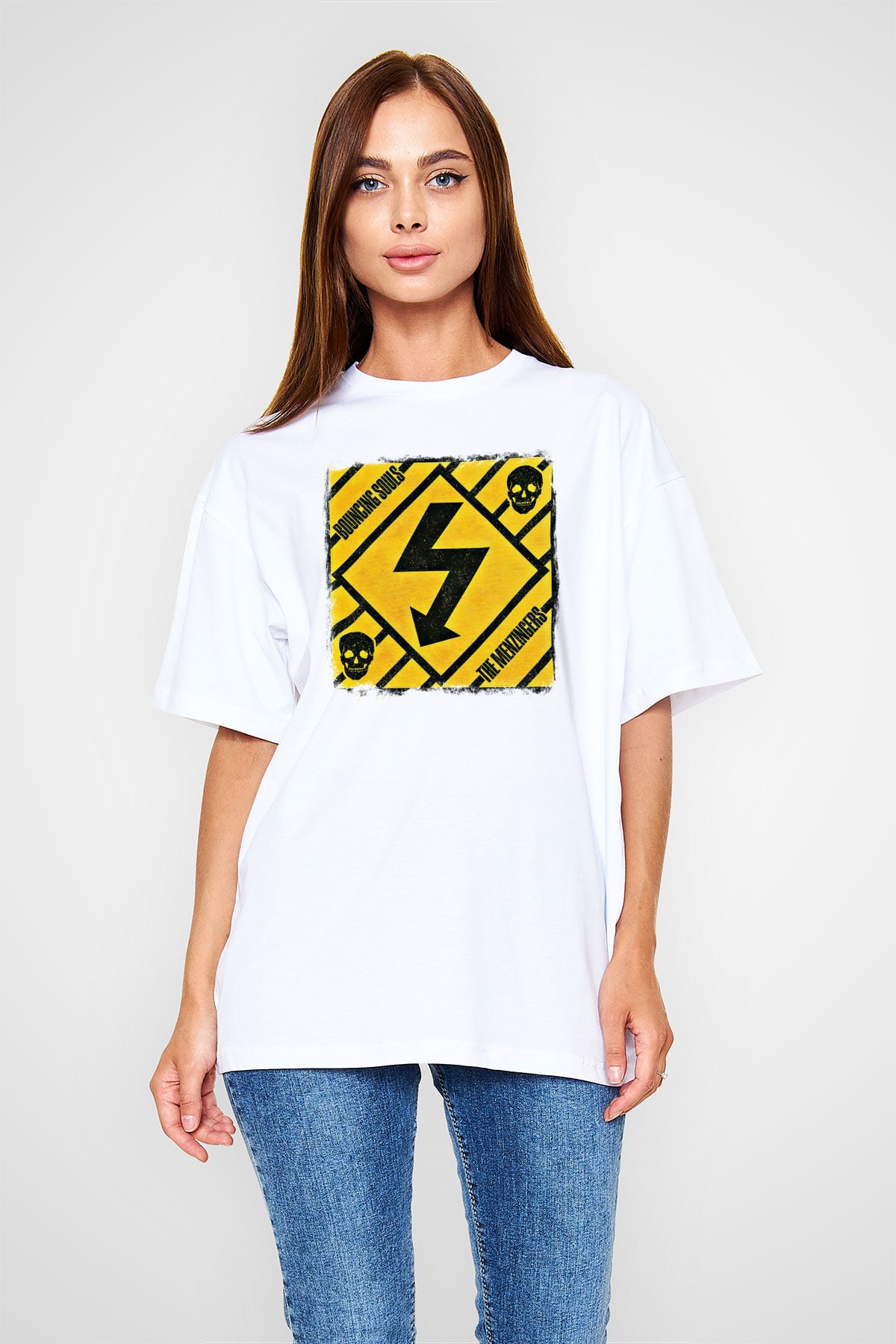 Bouncing Souls Baskılı Unisex Beyaz Oversize Tişört