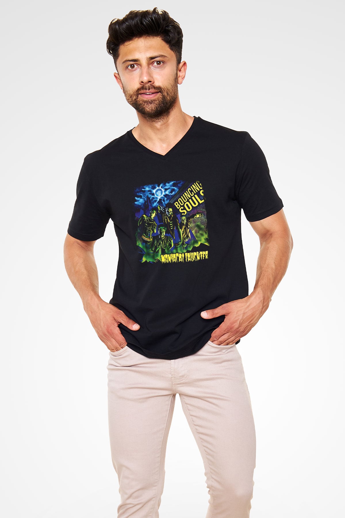 Bouncing Souls Baskılı Unisex Siyah V Yaka Tişört