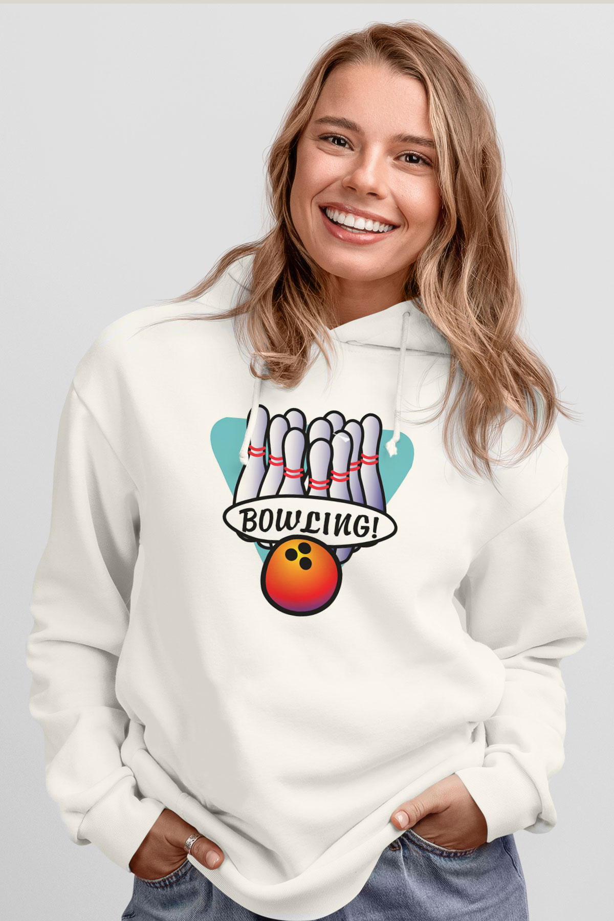 Bovling Beyaz Unisex Kapüşonlu Sweatshirt