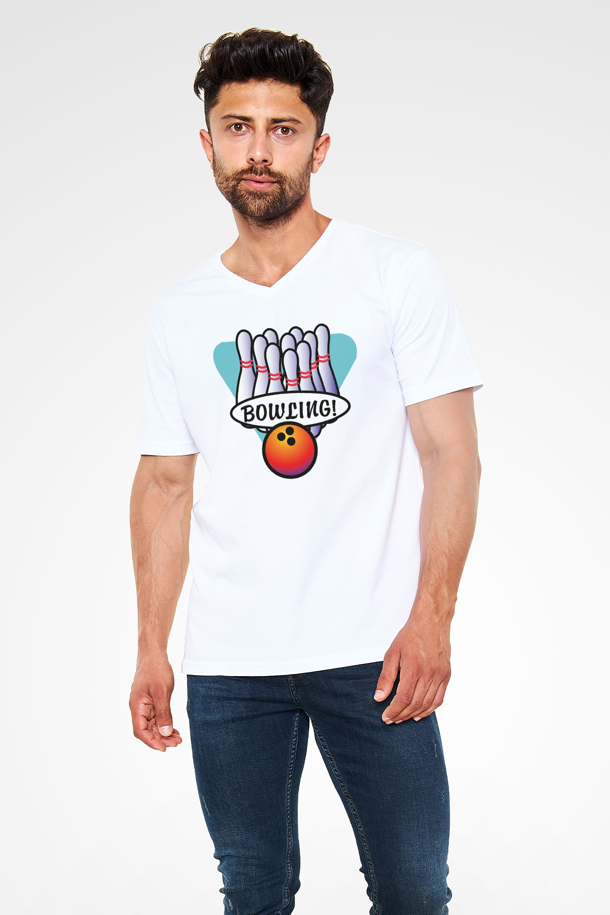 Bovling Beyaz Unisex V Yaka Tişört