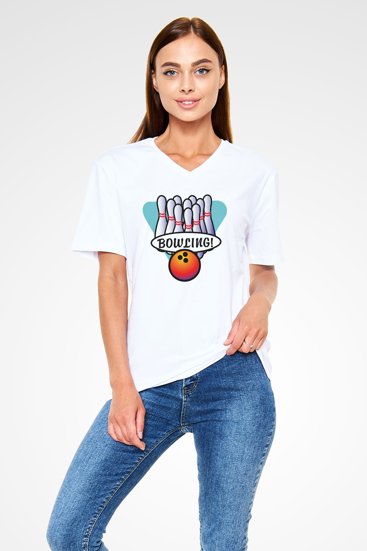 Bovling Beyaz Unisex V Yaka Tişört