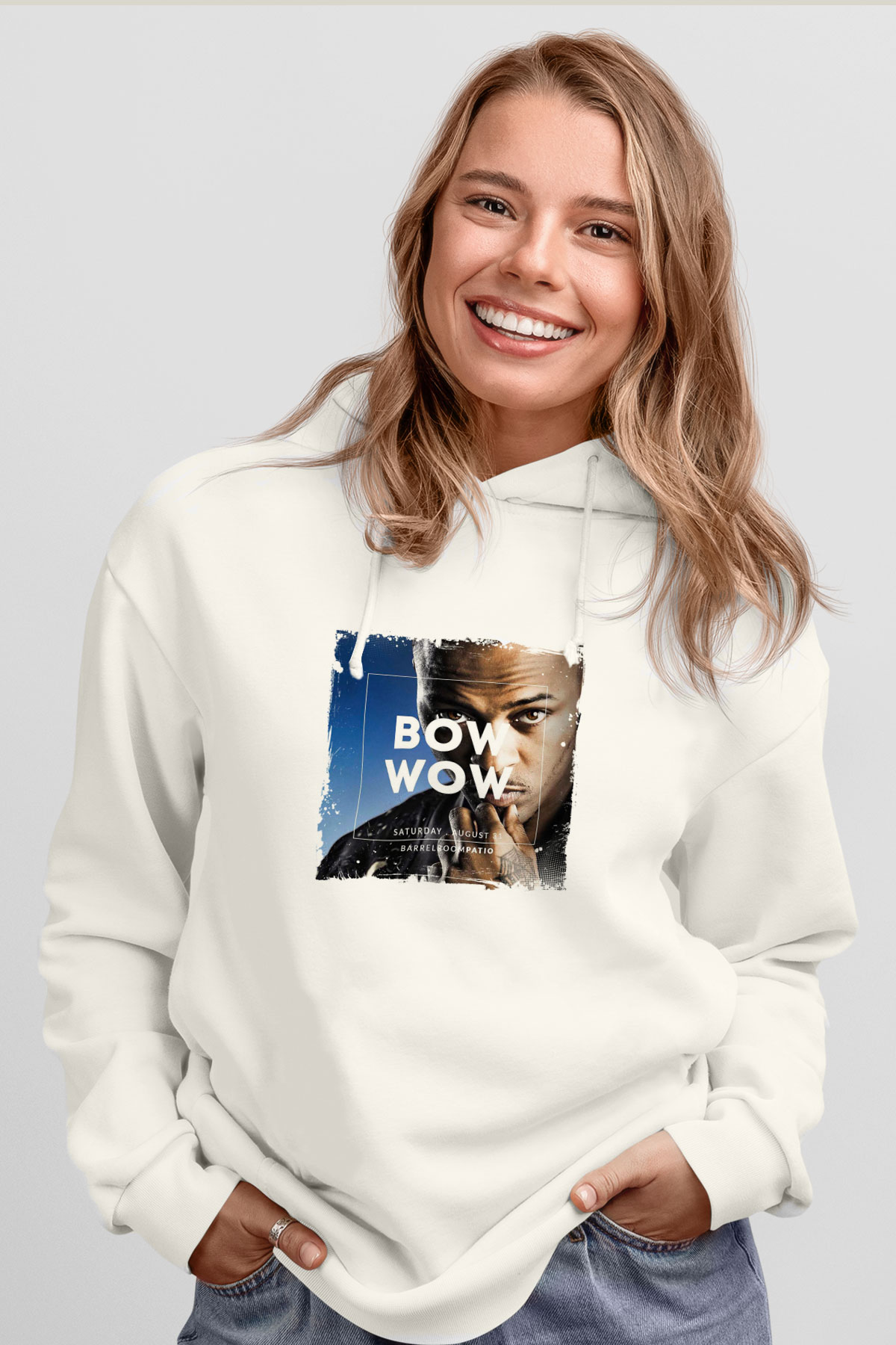 Bow Wow Baskılı Unisex Beyaz Hoodie