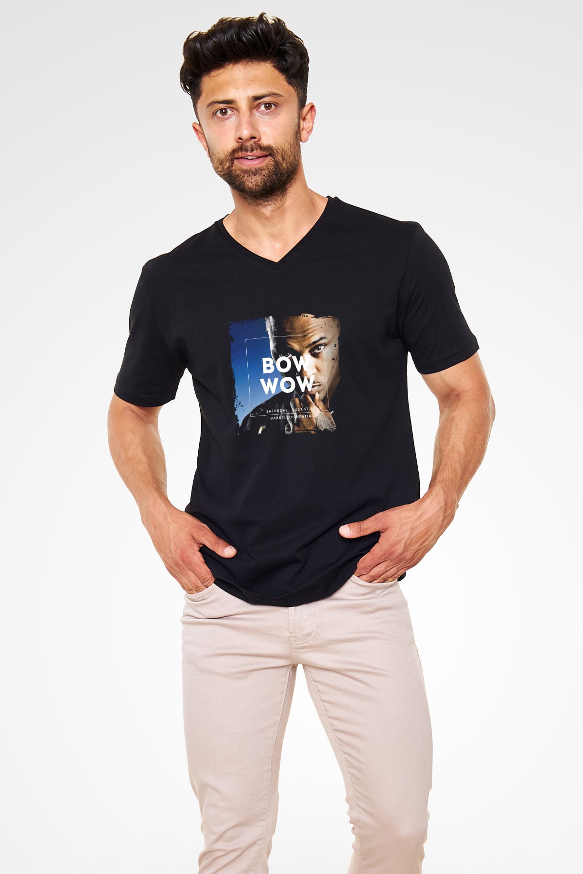Bow Wow Baskılı Unisex Siyah V Yaka Tişört