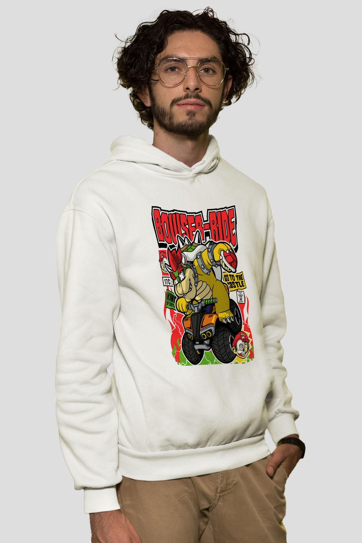 Bowser Ride Baskılı Unisex Beyaz Hoodie
