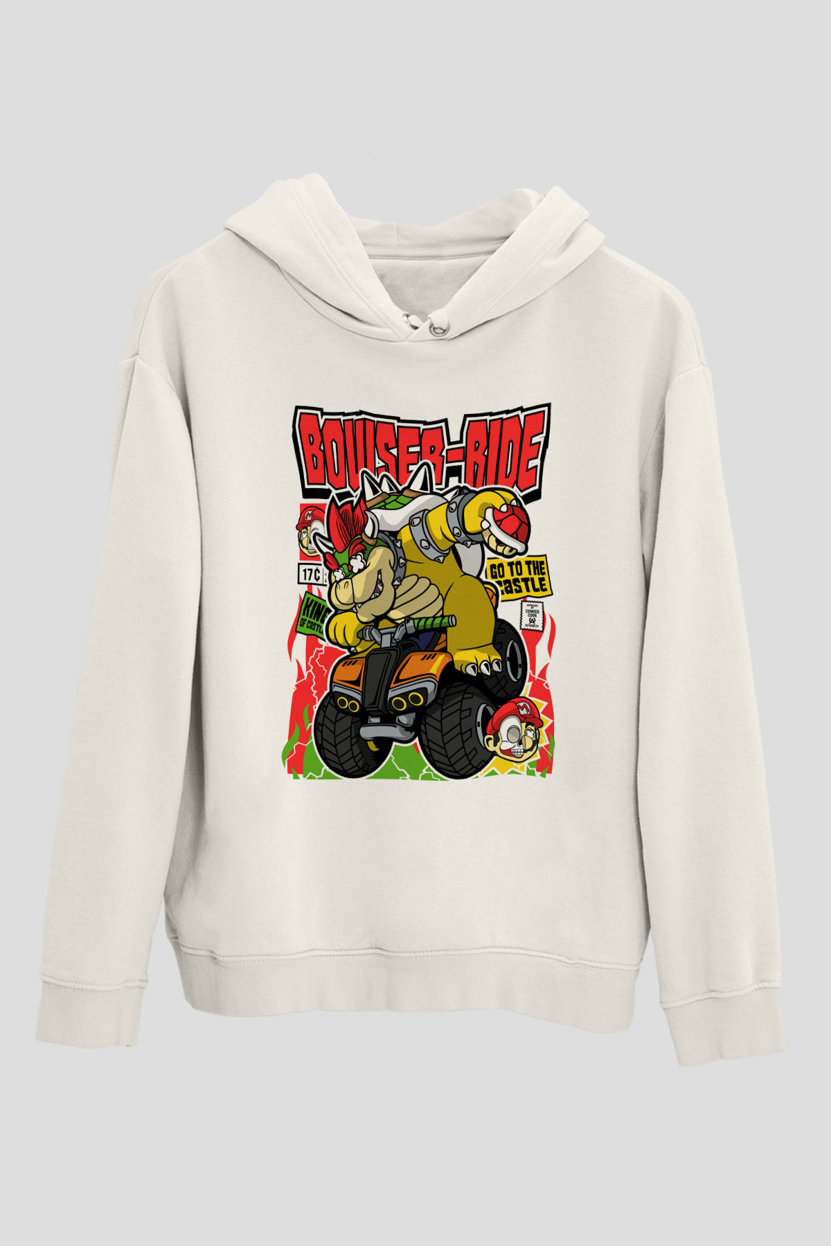 Bowser Ride Baskılı Unisex Beyaz Hoodie