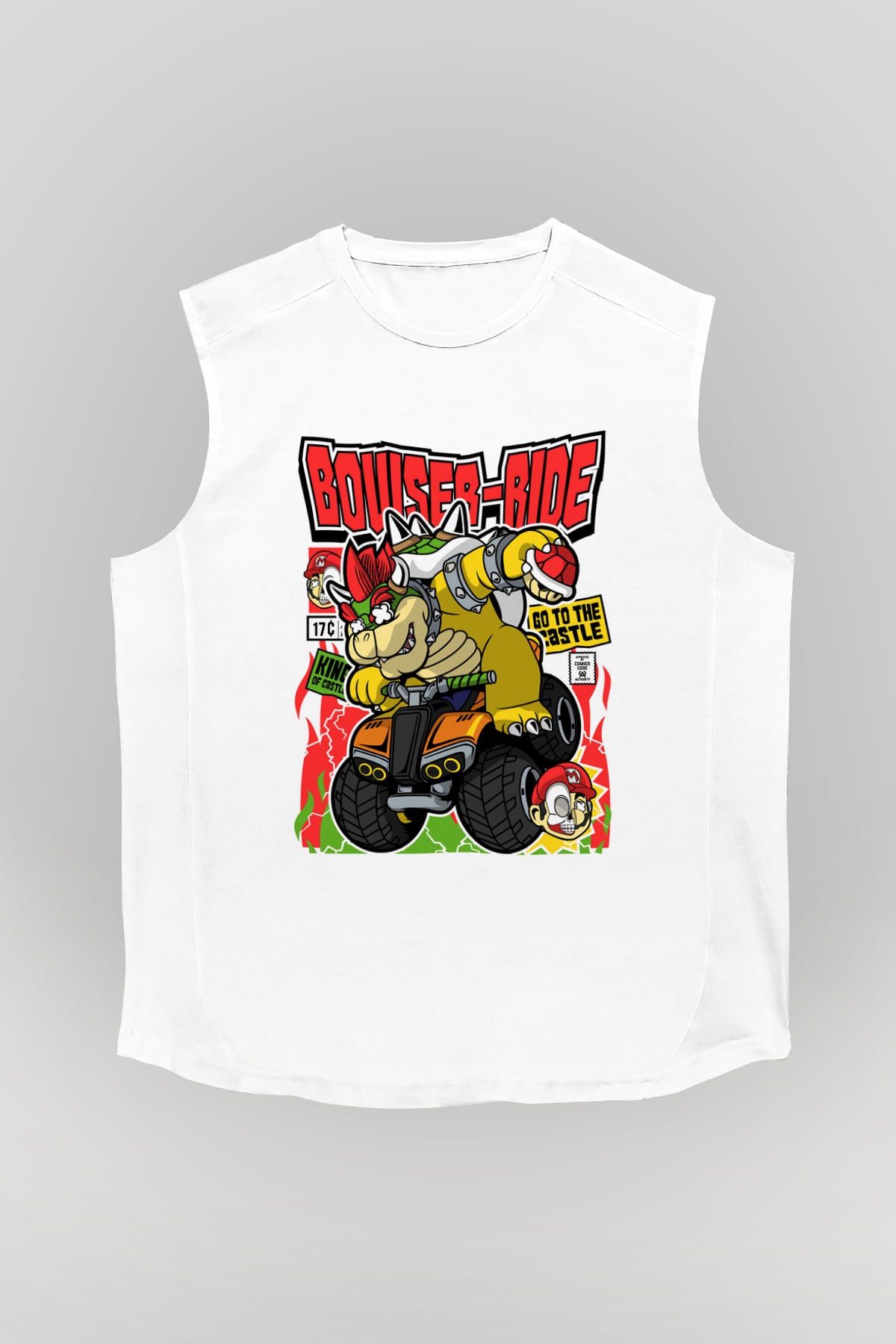 Bowser Ride Baskılı Unisex Beyaz Kolsuz Tişört