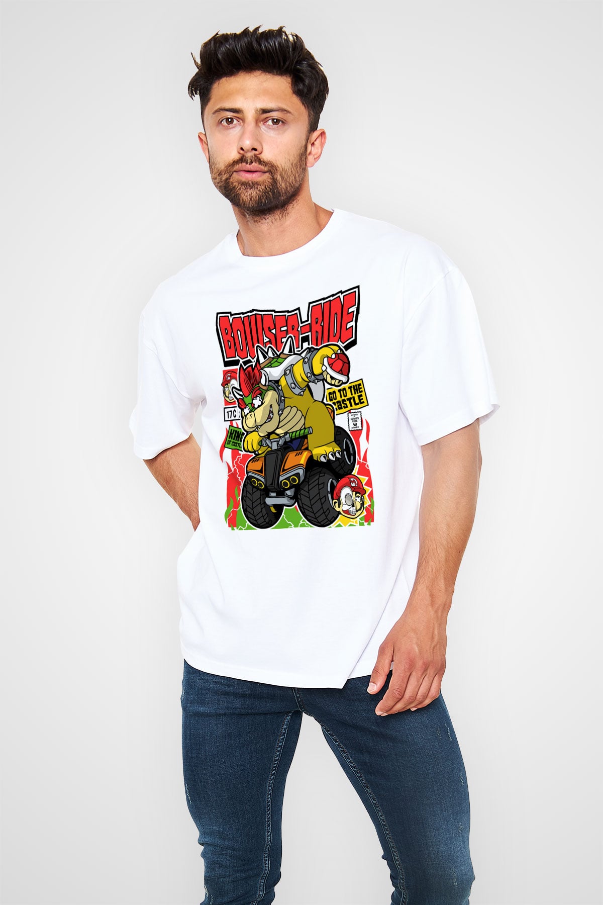 Bowser Ride Baskılı Unisex Beyaz Oversize Tişört
