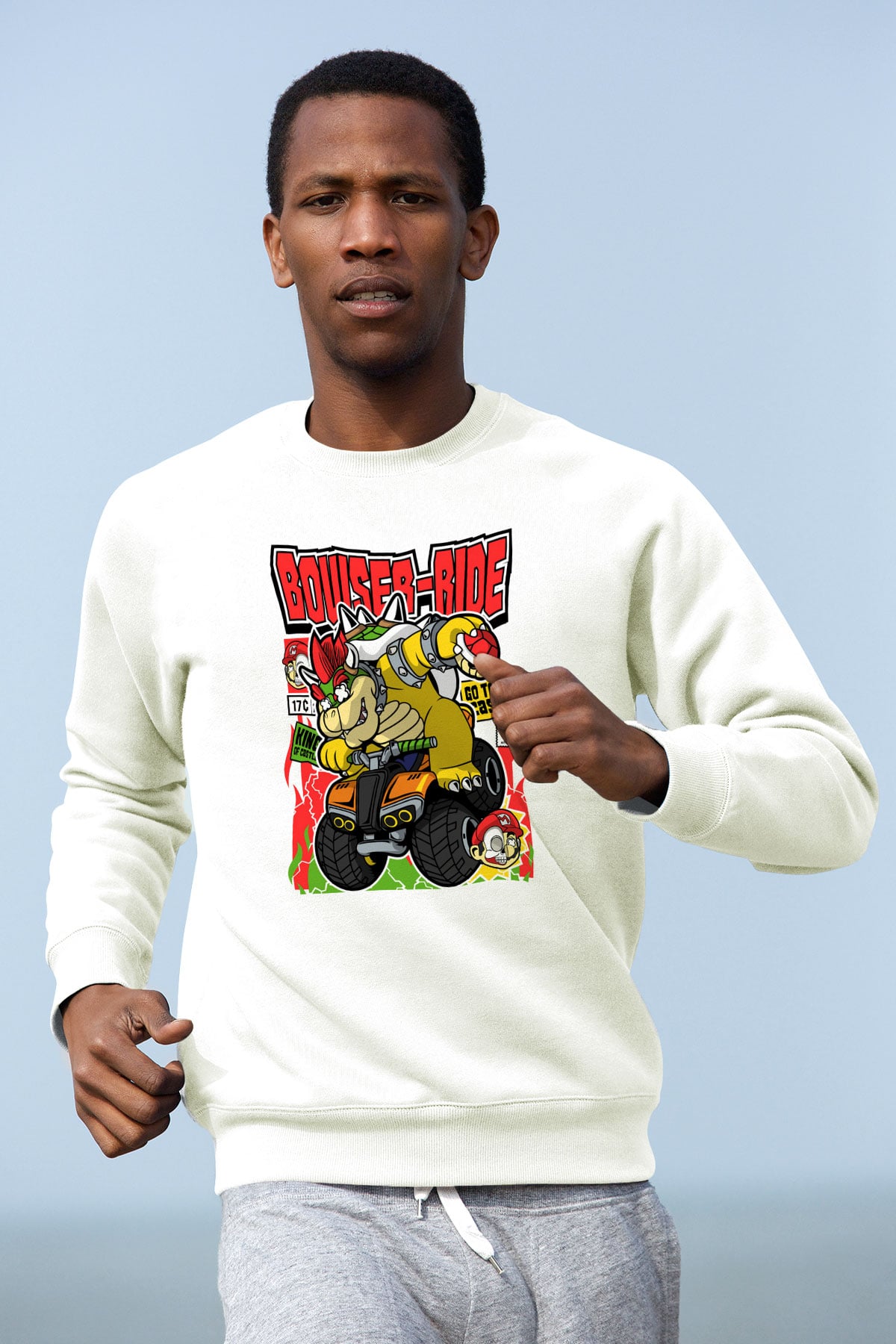 Bowser Ride Baskılı Unisex Beyaz Sweatshirt