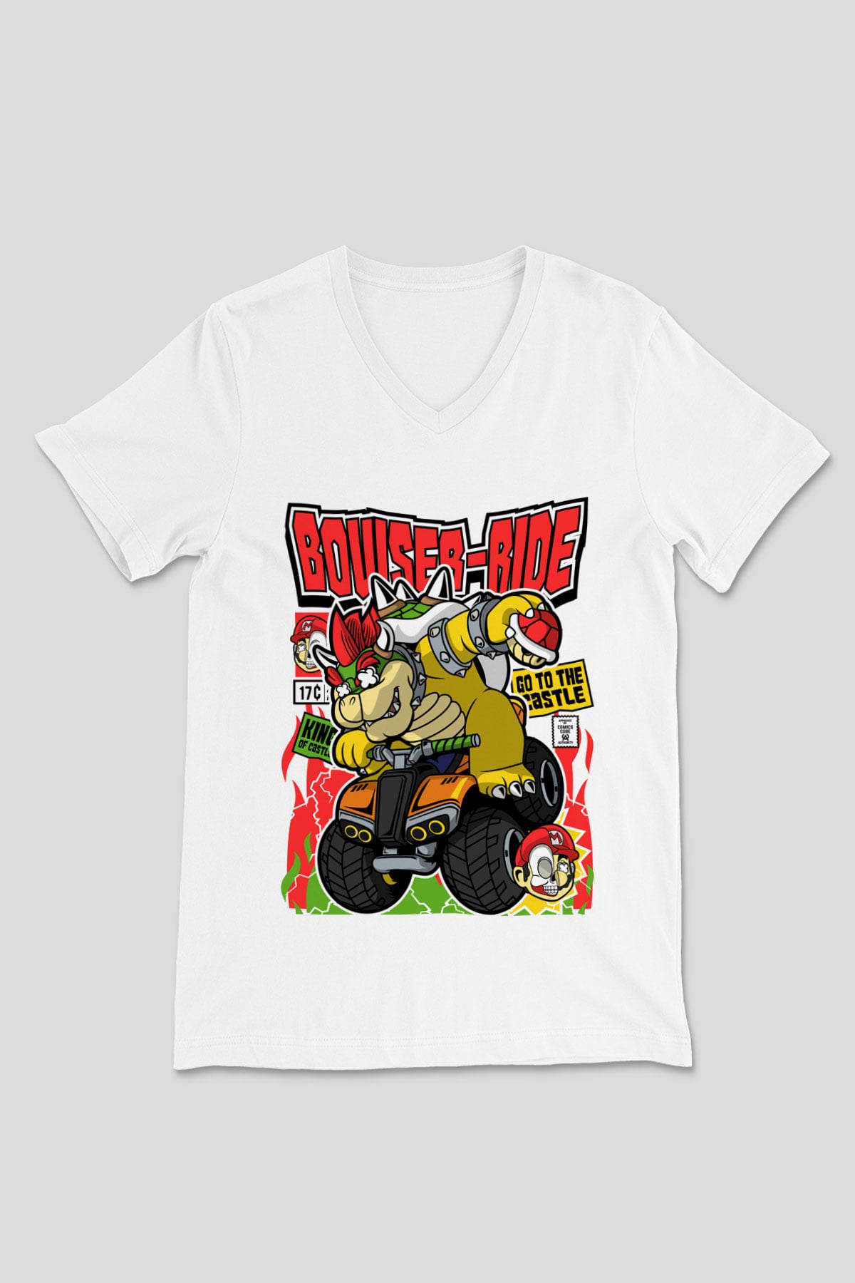Bowser Ride Baskılı Unisex Beyaz V Yaka Tişört