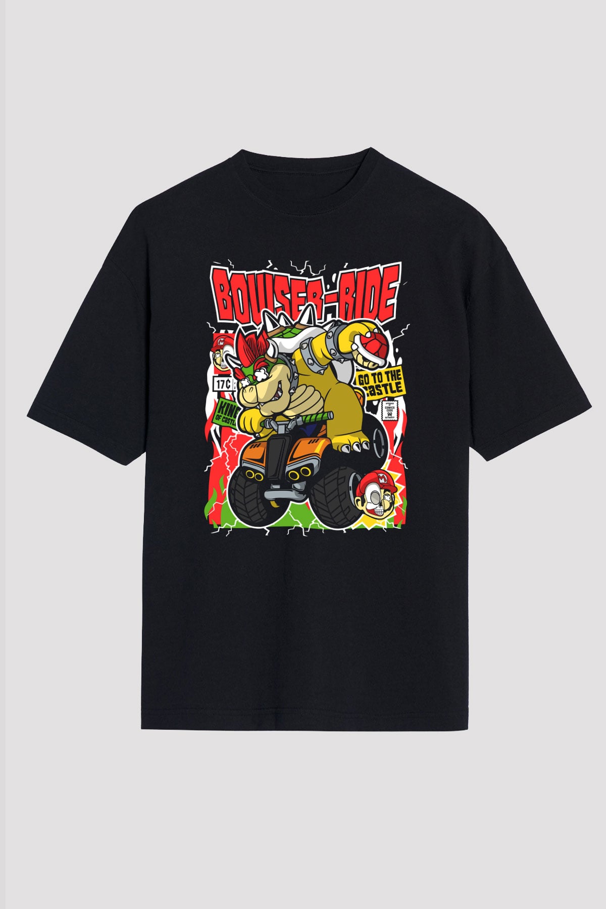 Bowser Ride Baskılı Unisex Siyah Oversize Tişört