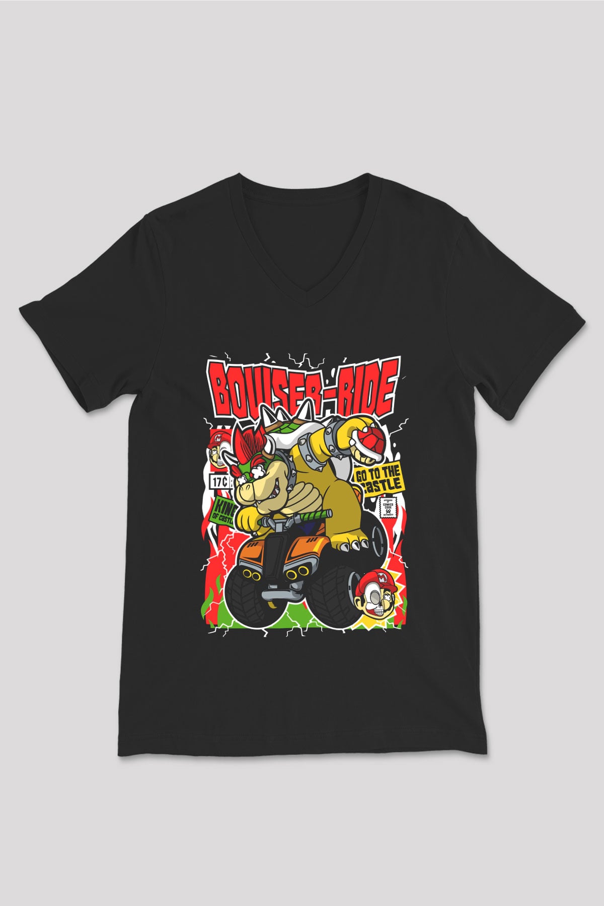 Bowser Ride Baskılı Unisex Siyah V Yaka Tişört
