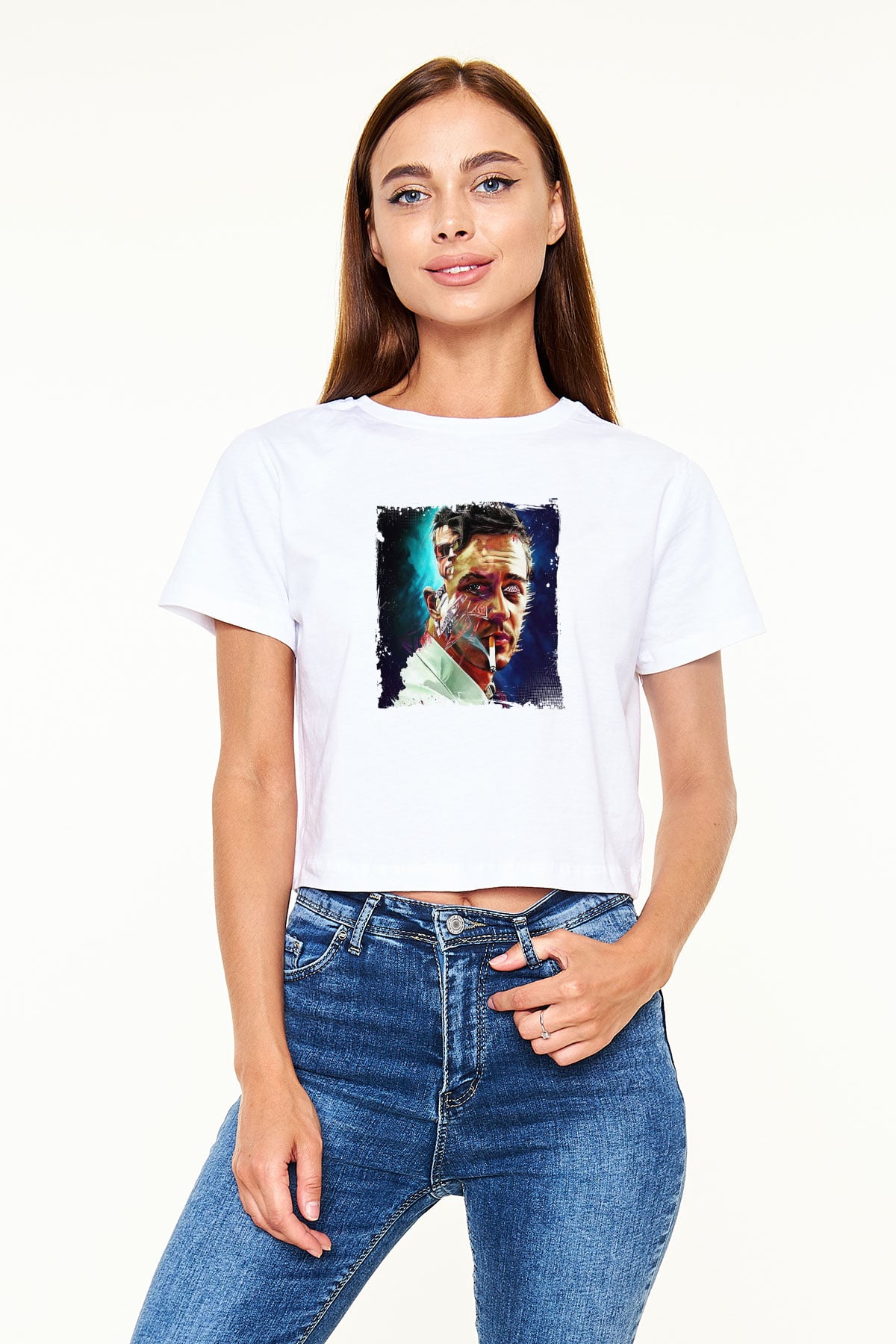 Brad Pitt Baskılı Beyaz Kadın Crop Top Tişört