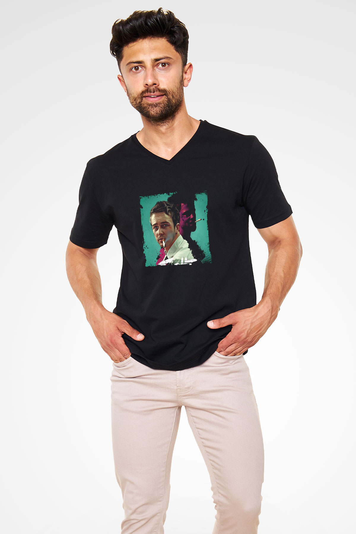 Brad Pitt Baskılı Unisex Siyah V Yaka Tişört