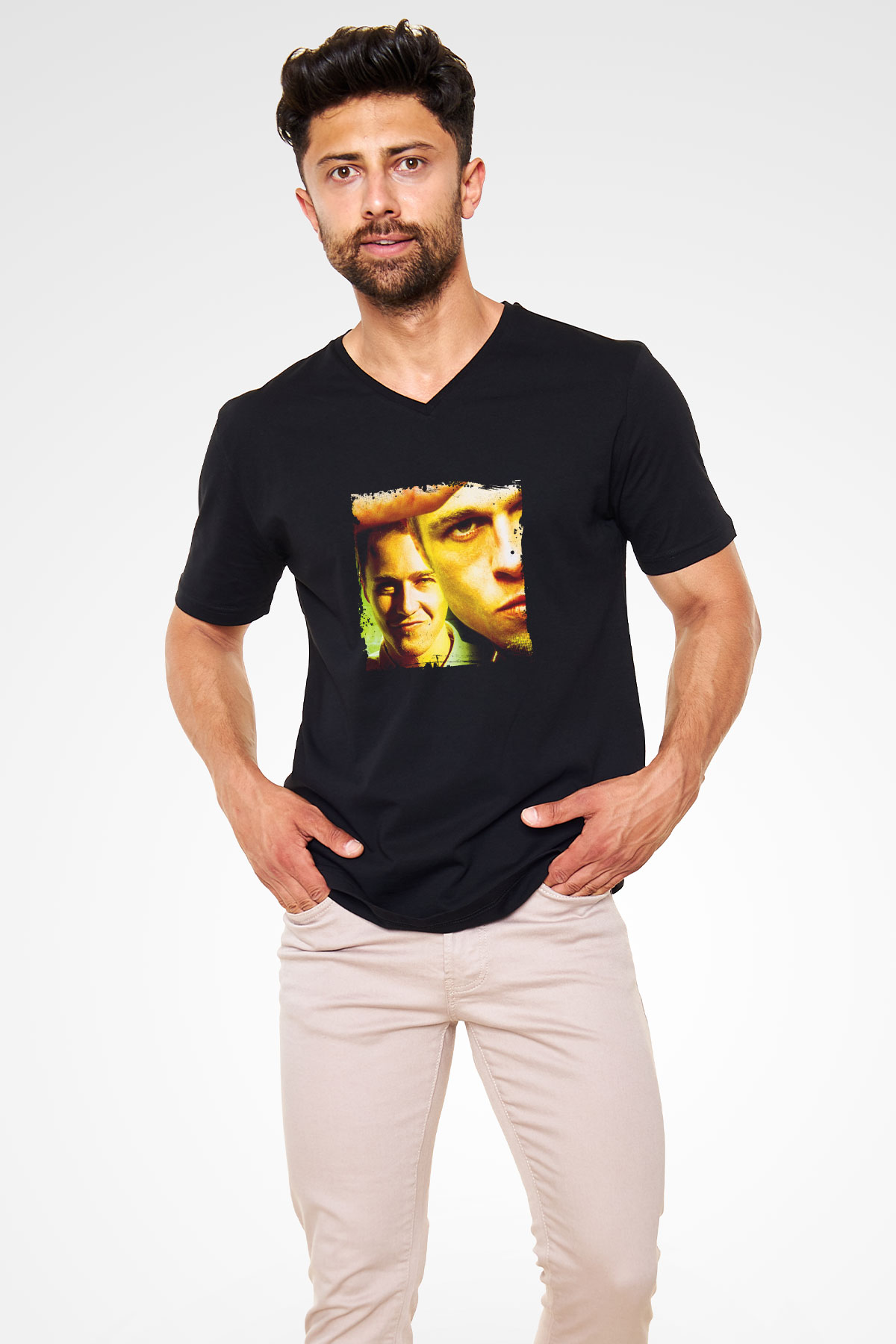 Brad Pitt Baskılı Unisex Siyah V Yaka Tişört
