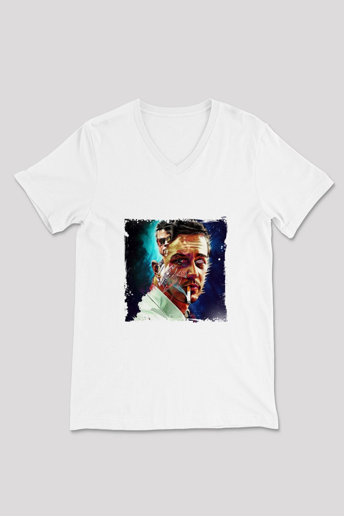 Brad Pitt Baskılı V Yaka Unisex Beyaz Tişört