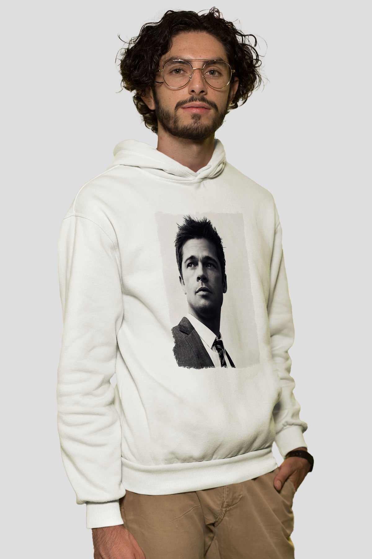 Brad Pitt Beyaz Unisex Kapüşonlu Sweatshirt