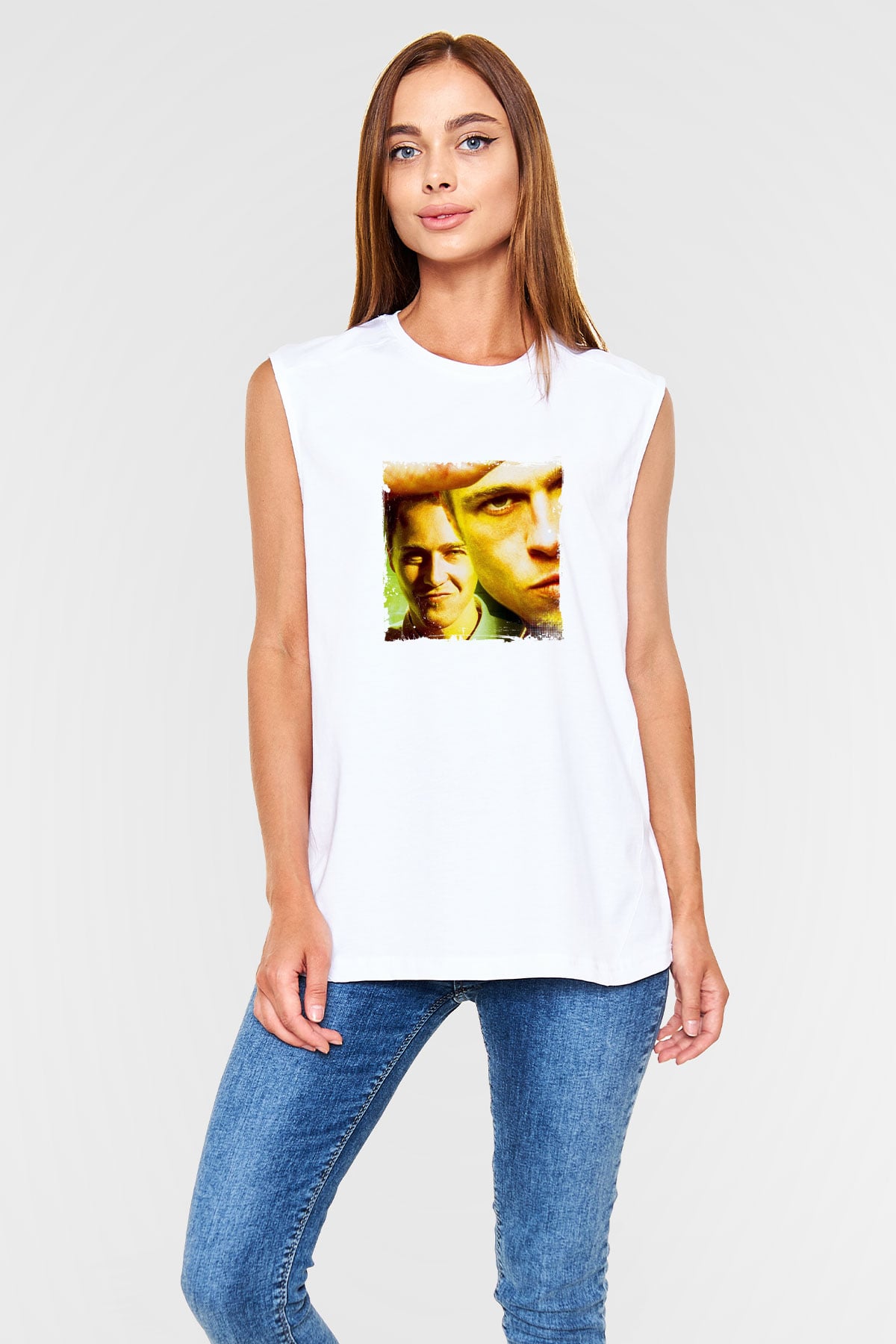 Brad Pitt Unisex Baskılı Beyaz Kolsuz Tişört