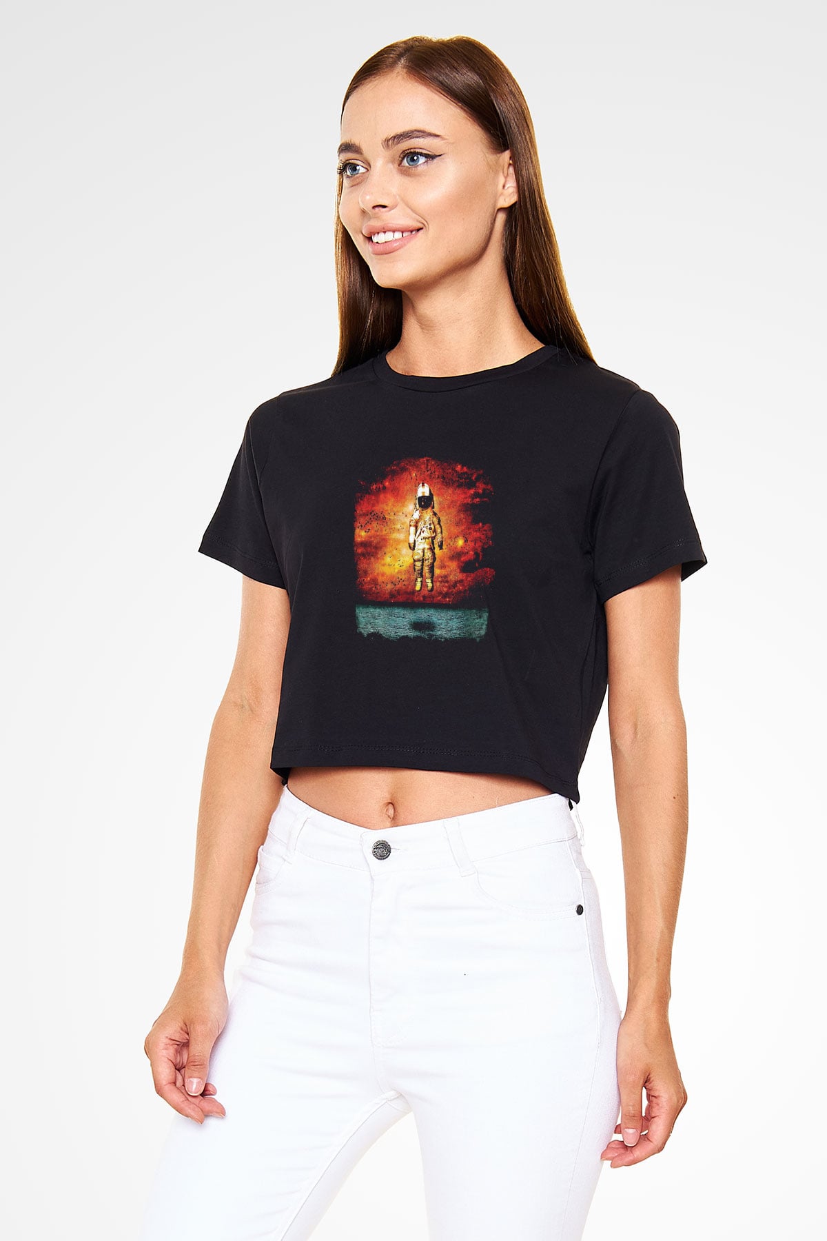 Brand New Baskılı Unisex Siyah Crop Top Tişört