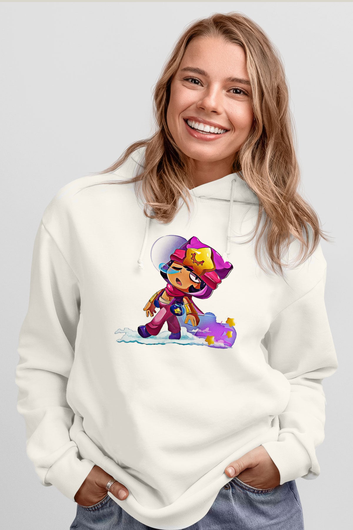 Brawl Stars Baskılı Beyaz Unisex Kapüşonlu Sweatshirt