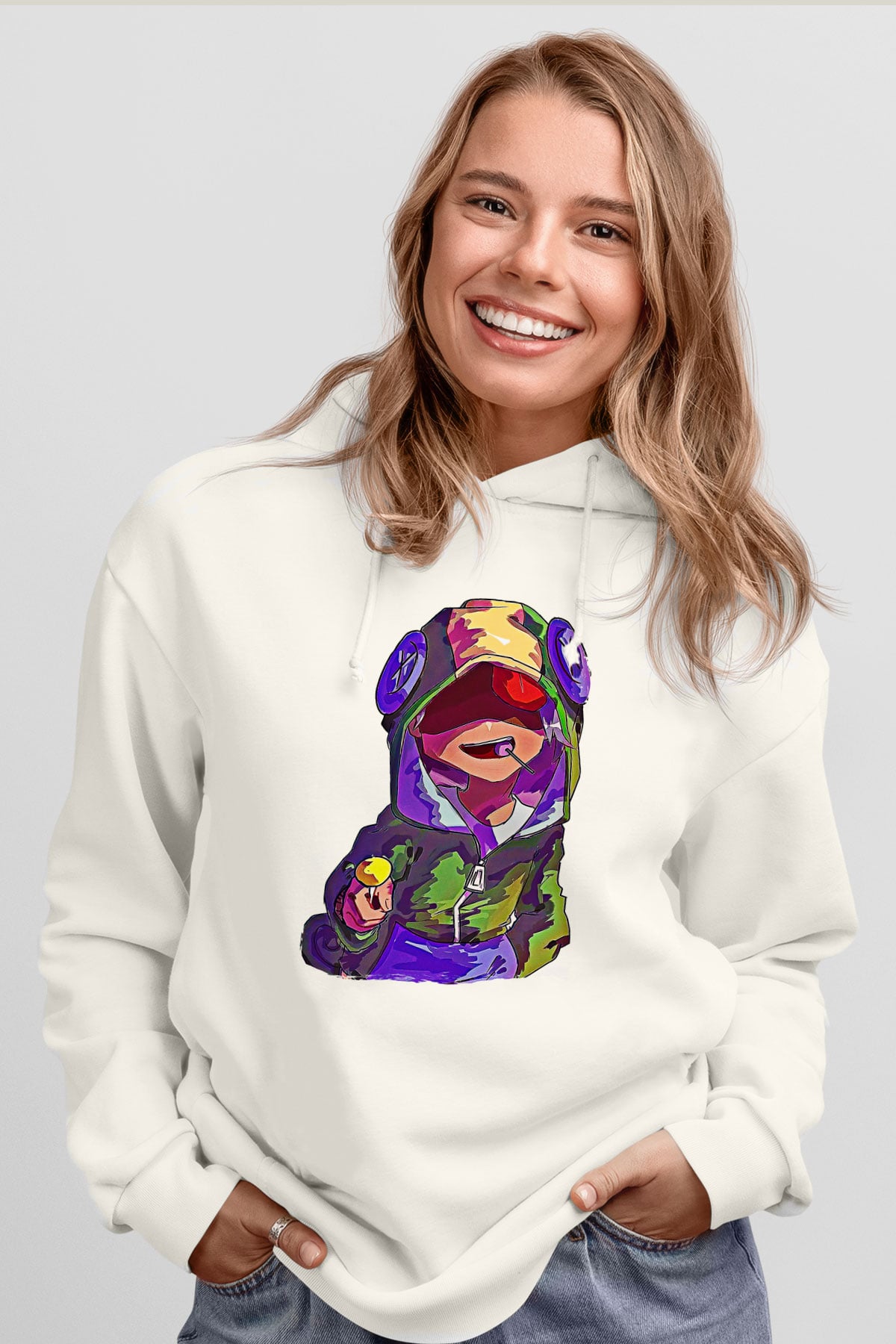 Brawl Stars Baskılı Beyaz Unisex Kapüşonlu Sweatshirt
