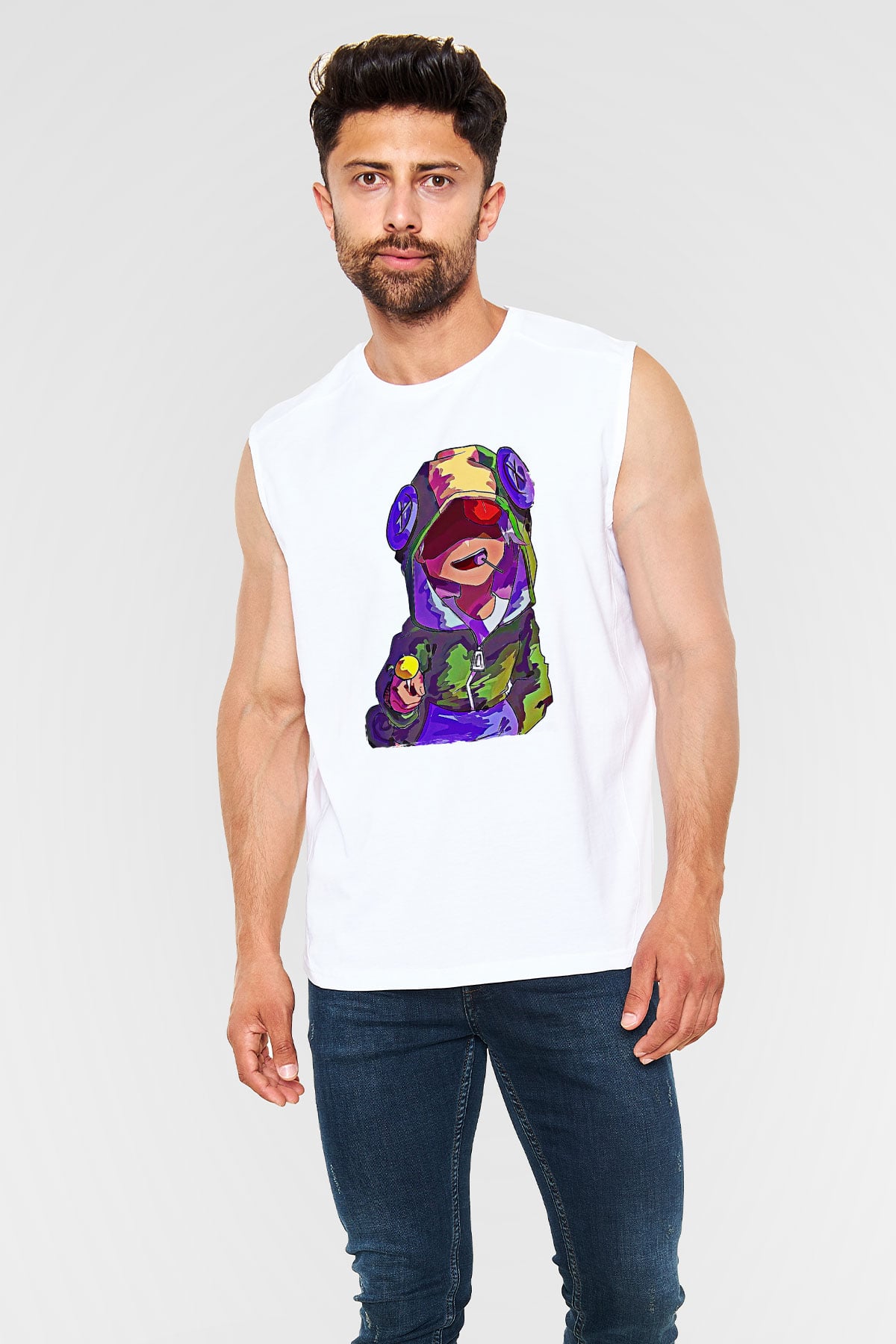 Brawl Stars Baskılı Beyaz Unisex Kolsuz Tişört - Tshirt
